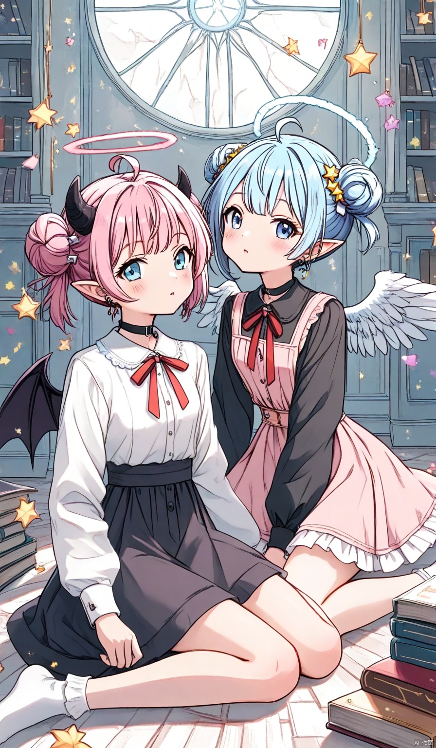 looking at viewer,
blush,
short hair,
bangs,
blue eyes,
multiple girls,
skirt,
shirt,
hair ornament,
long sleeves,
dress,
bow,
ribbon,
2girls,
jewelry,
sitting,
closed mouth,
blue hair,
white shirt,
pink hair,
ahoge,
hair bow,
earrings,
frills,
parted lips,
wings,
horns,
choker,
pointy ears,
socks,
puffy sleeves,
collared shirt,
indoors,
hair bun,
star \(symbol\),
black dress,
collar,
red ribbon,
book,
black shirt,
double bun,
neck ribbon,
black choker,
halo,
wariza,
demon girl,
demon horns,
feathered wings,
puffy long sleeves,
pink skirt,
demon wings,
angel wings,
star hair ornament,
open book,
on floor,
white wings,
angel,
book stack,
angel and devil,
