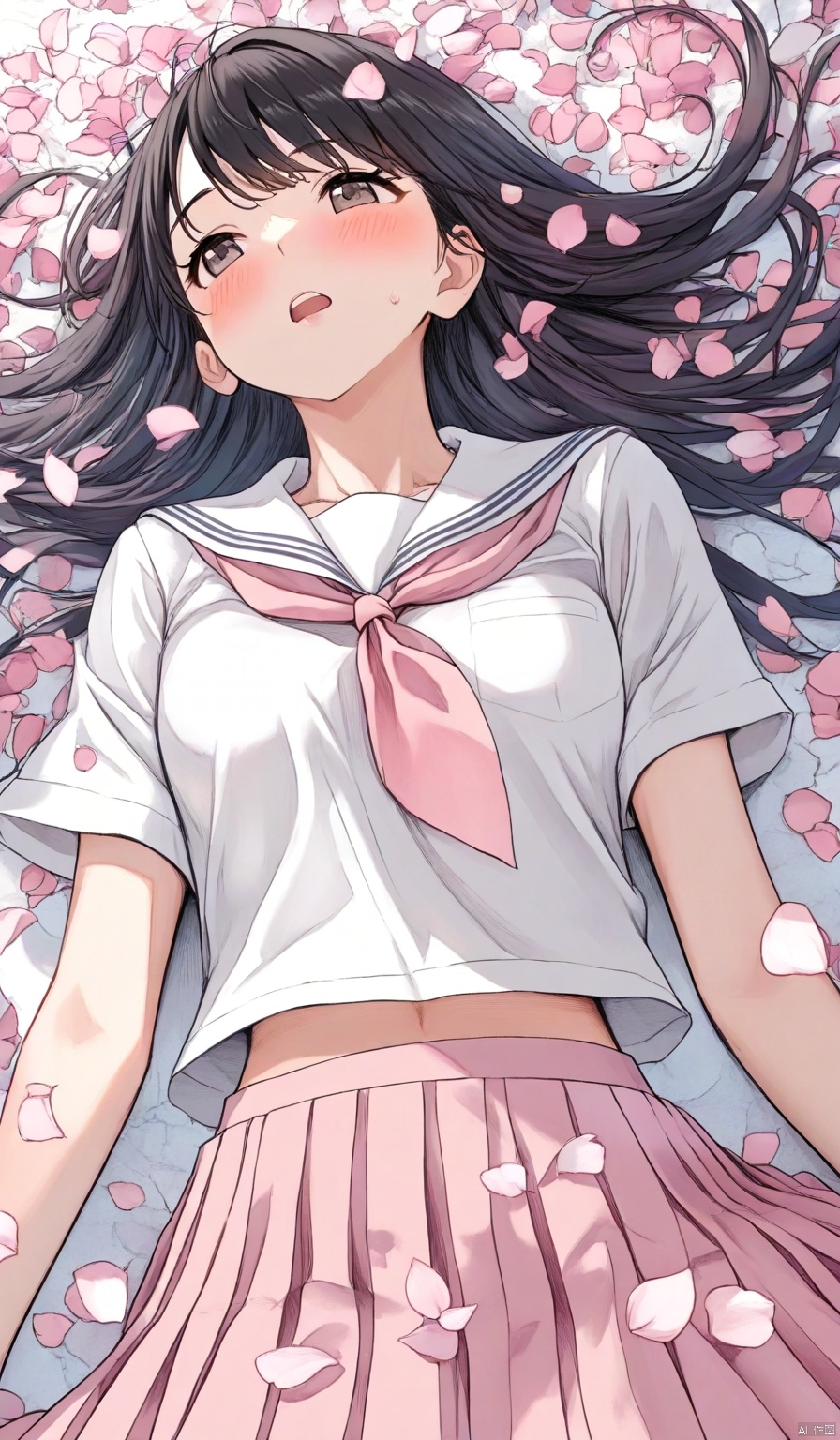 1girl,
solo,
long hair,
blush,
open mouth,
bangs,
skirt,
shirt,
black hair,
brown eyes,
school uniform,
white shirt,
short sleeves,
pleated skirt,
lying,
serafuku,
on back,
sailor collar,
black eyes,
neckerchief,
petals,
pink skirt,
midriff peek,
pink neckerchief,
