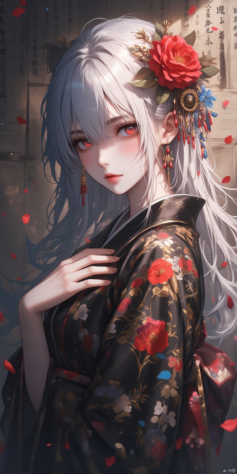  A young Asian woman wearing a flower wreath,An Acrylic style painting that is expressive, gives it a dynamic and emotional quality.a woman with a ethereal red and blue mist surrounding her body. The mist creates a dramatic and surreal effect. A red flower, that is blooming, covering one eye, attached to the face. The woman has a cold aesthetic, complimented by her white hair. Anime art of woman draped in shadows with a lighting that enhances her sexy unique features. with a black kimono adorned with flowers. The background is blurred The background is a wall with Chinese characters written on it creating a stark contrast to the woman's outfit. filled with red rose petals.