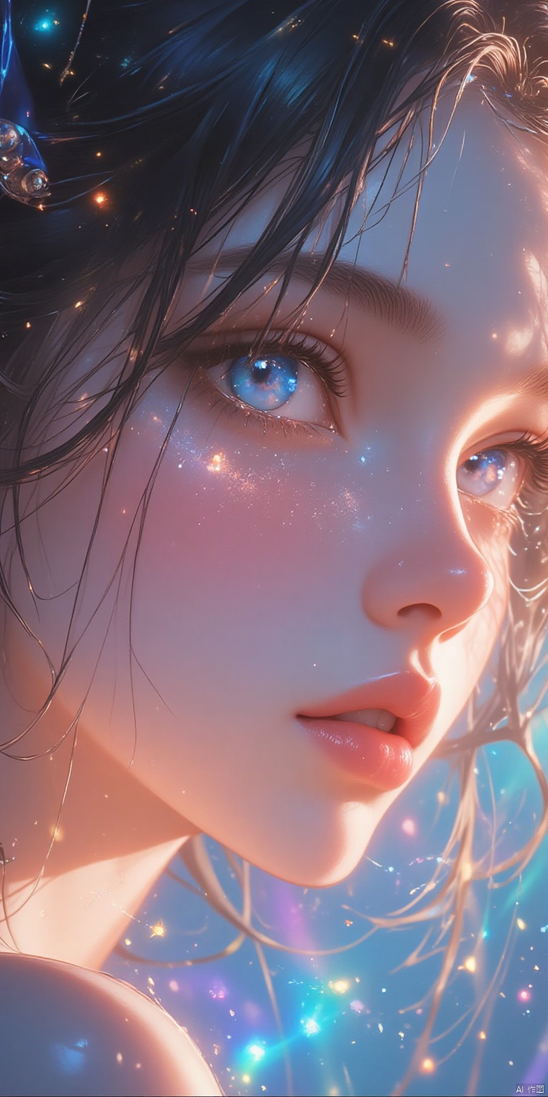  A mesmerizing close-up shot of a captivating young woman's face, set against a crisp white background that serves as a canvas for her radiant features. Delicate lines and subtle shading dance across her skin, illuminated by an inner light that seems to glow from within. Her eyes sparkle with a soft, romantic intensity, surrounded by gentle curves and delicate details that seem to whisper secrets of timeless beauty. The overall composition is a symphony of vibrant hues, bursting forth in a kaleidoscope of colors that cast a spell of enchantment.