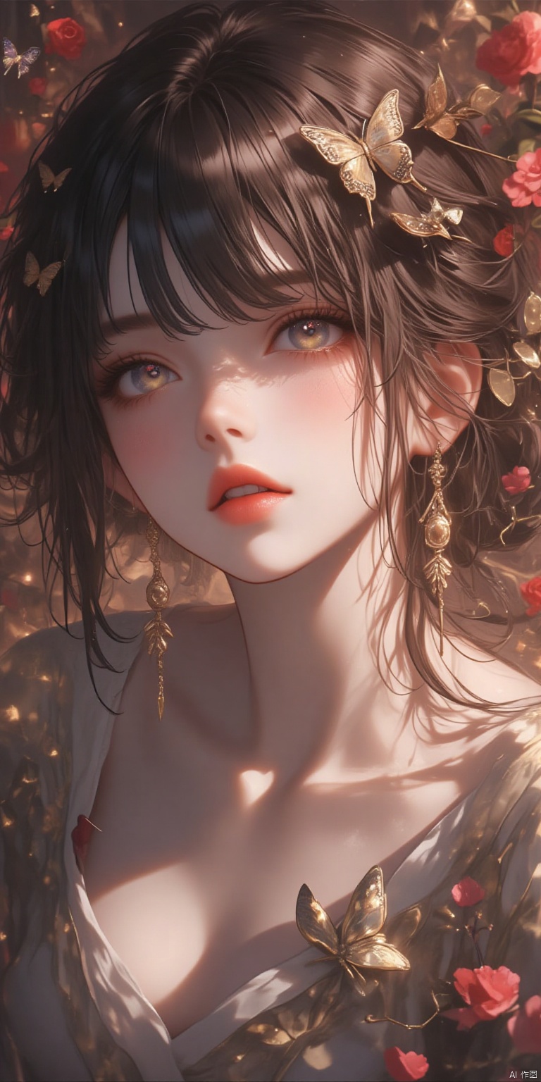 Stylized Portrait of a Woman with Red Lipstick and Butterfly Earrings,Surrounded by Floral Elements., masterpiece:1.2),best quality,high resolution,unity 8k wallpaper,(illustration:1),perfect lighting,extremely detailed CG,finely detail,extremely detailed,soft lighting and shadow,soft yet striking lighting,film grain:1.2,(skin pores:1.2),(detailed skin texture:1),((solo:1.5)),Detailed face,(see-through:1.1),misty,Low Key:1.1,depth of field,