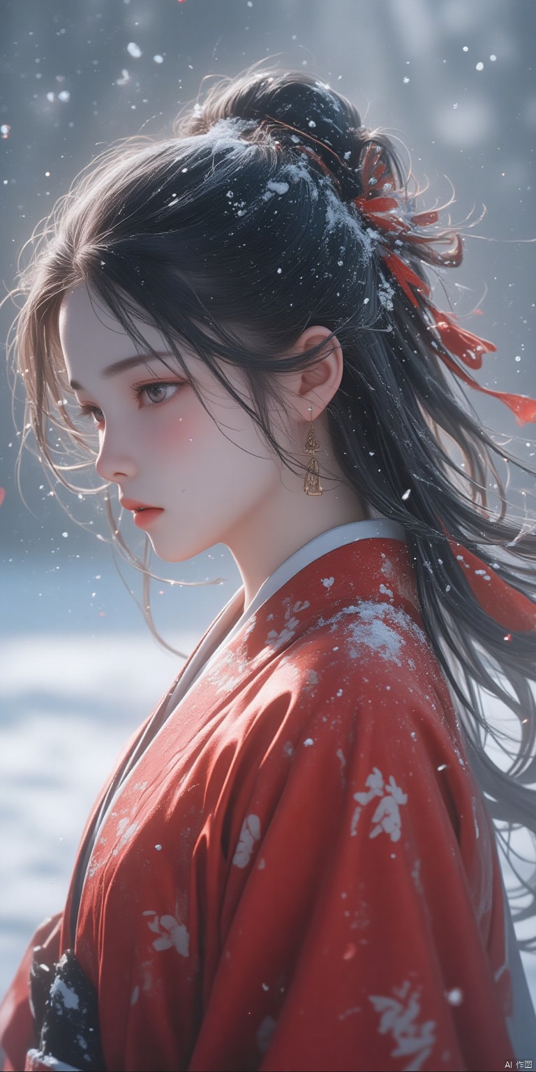  cinematic photo ,Best quality , (masterpiece:1.2) , cinematic photo,1girl,A beautiful girl in red hanfu, Standing in the wind andsnow, long hair blown by the wind,snow in the sky , upperbody,snowing,snowy day,in winter ,motion blur ,(sad:1.1),(crying:1.1),close-up,(tears:1.1),(face focus:1.1),(close mouth:1.1),front view ,35mm photograph, film, bokeh, professional, 4k, highly detailed,helgirls