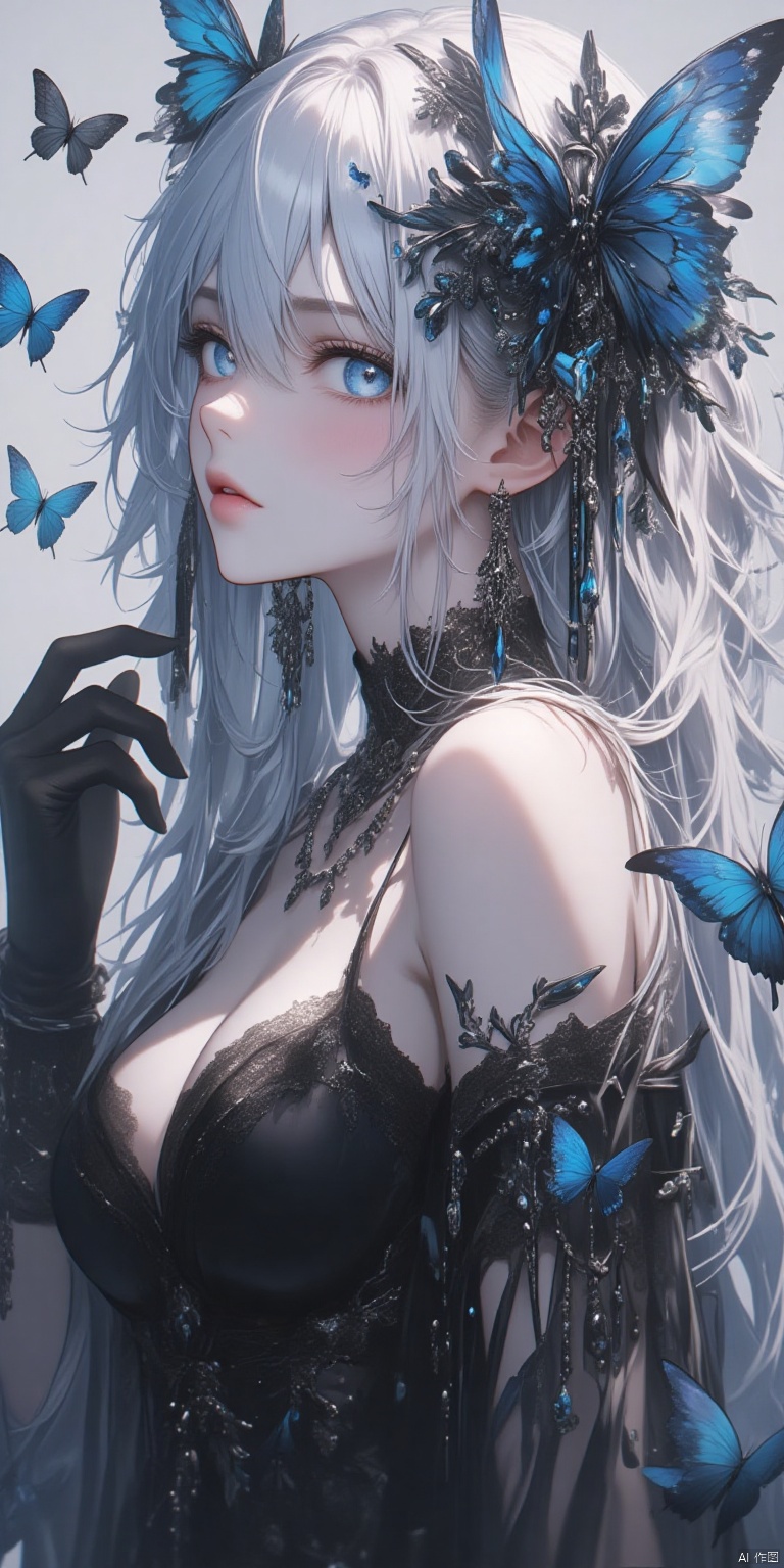 hudie,long white hair,blue black butterflies,black lace outfit,intricate details,matching headpiece,long dangling earrings,black gloves,decorative elements,ethereal fantasy,dark gothic themes,delicate accessories,
