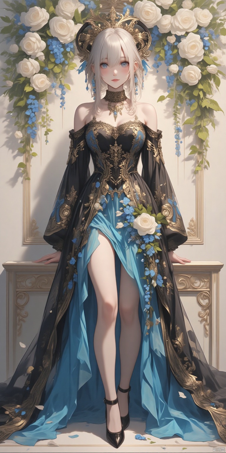  a medium-sized portrait of a woman in a black and white dress adorned with gold embroidery stands in front of a backdrop of white roses. The woman's dress is adorned with a long flowing blue skirt adorned with blue and white flowers adding a touch of color to the scene. The backdrop is a cream-colored wall adorned with white roses adding depth to the composition.,