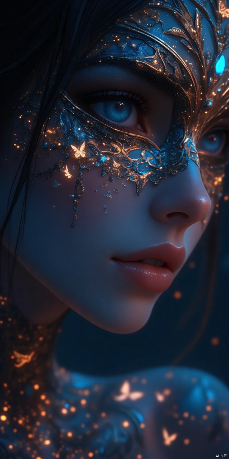  Close-up of a woman's face, focusing on her right side, wearing an ornate, intricate masquerade mask that covers her eyes and upper nose. The mask is detailed with lace-like patterns, embedded with small glowing lights and tiny luminescent butterflies, primarily in blue and orange hues. The mask has an elaborate design that merges seamlessly with her skin, which is illuminated with bioluminescent patterns glowing in shades of blue and orange, covering her neck, shoulders, and chest. Her lips are slightly parted, showing a natural yet,1girl