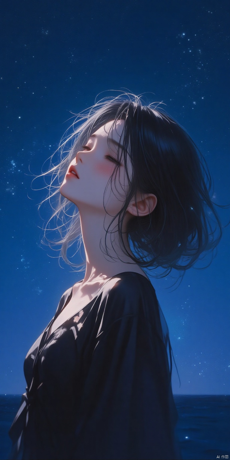  a medium-sized painting of a young woman with long dark hair wearing a black dress is positioned in front of a blue sky filled with white stars. The woman's head is tilted slightly to the left with her eyes closed and her mouth slightly slightly open. Her hair cascades down her back adding a touch of movement to the scene. The sky is a deep blue with a few white stars scattered across it.,