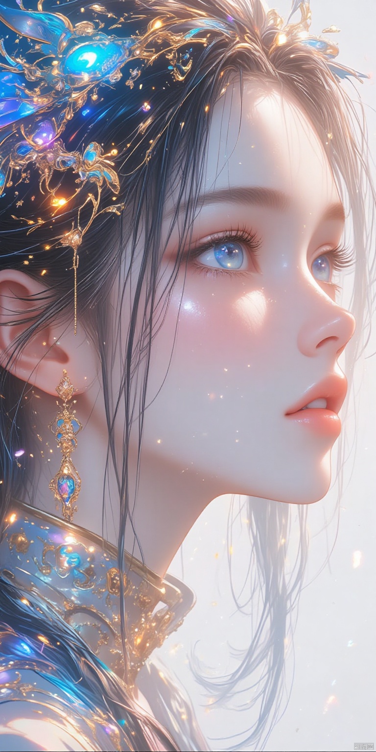 A stunning 8K fractal artwork! On a crisp white background, a majestic young woman's face is delicately rendered in intricate lines and swirling patterns. Her features are exquisitely detailed, with shimmering bright colors that seem to dance across her skin. Soft, feathery strands of hair frame her gentle expression, evoking a sense of ethereal romance. The overall effect is breathtakingly beautiful, a true masterpiece of digital artistry.,wanghong