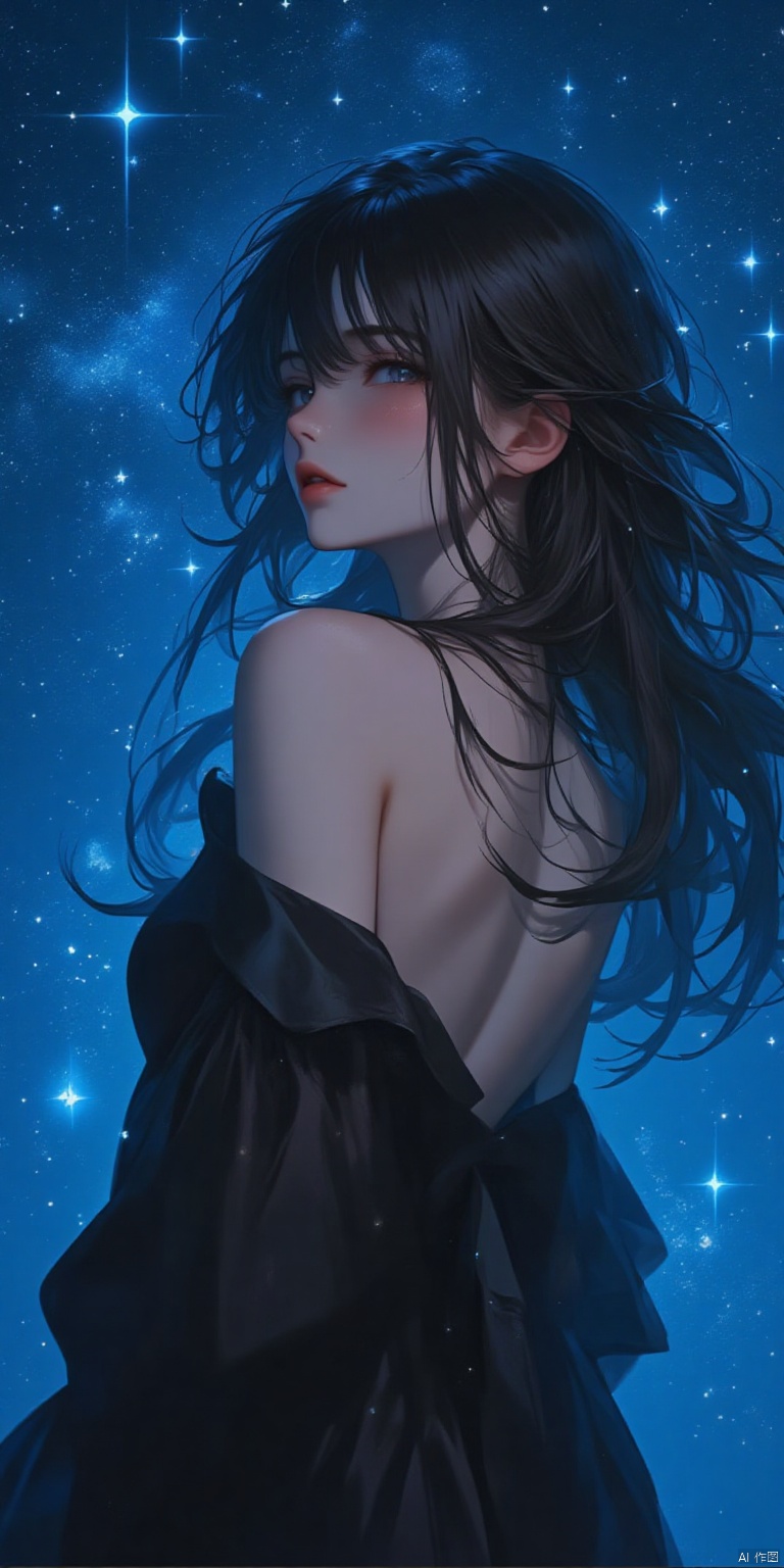 a medium-sized painting of a young woman with long dark hair wearing a black dress is positioned in front of a blue sky filled with white stars. The woman's head is tilted slightly to the left with her eyes closed and her mouth slightly slightly open. Her hair cascades down her back adding a touch of movement to the scene. The sky is a deep blue with a few white stars scattered across it.,