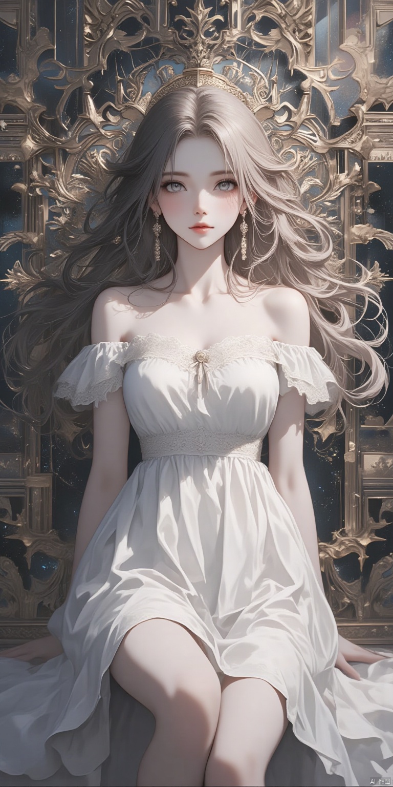 Digital art,a woman in a white dress standing in front of a black and white painting. Her face is clearly visible,with her eyes looking off into the distance. Her hair is long and wavy,and her dress is flowing around her. The painting is intricate and detailed,with a variety of shapes and colors.,