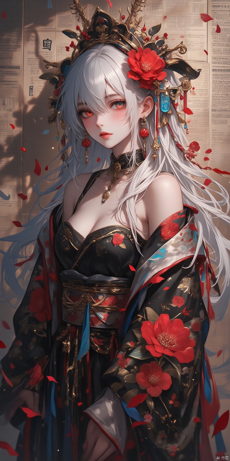  A young Asian woman wearing a flower wreath,An Acrylic style painting that is expressive, gives it a dynamic and emotional quality.a woman with a ethereal red and blue mist surrounding her body. The mist creates a dramatic and surreal effect. A red flower, that is blooming, covering one eye, attached to the face. The woman has a cold aesthetic, complimented by her white hair. Anime art of woman draped in shadows with a lighting that enhances her sexy unique features. with a black kimono adorned with flowers. The background is blurred The background is a wall with Chinese characters written on it creating a stark contrast to the woman's outfit. filled with red rose petals.