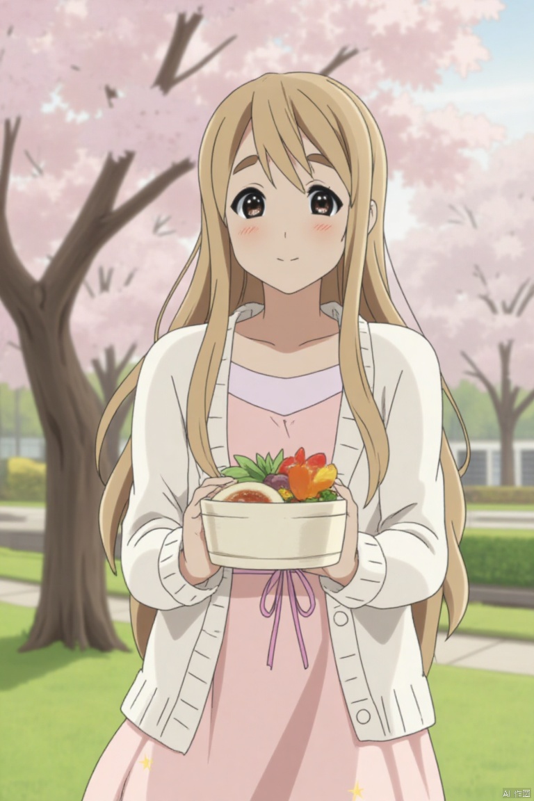 On a sunny spring day, Qinpu and members of the Qingyin Department were outing in the park. Under the cherry blossom trees, she smiled happily, holding a bento box in her hand, a light pink dress, and a small flower pattern on the hem. White knitted cardigan and white canvas shoes are fresh and natural. The dress is tied with a bow around the waist, adding a sweet atmosphere. The cuffs of the cardigan are slightly rolled up to reveal their slender wrists, lively, cheerful, and full of spring atmosphere,long hair,blonde hair