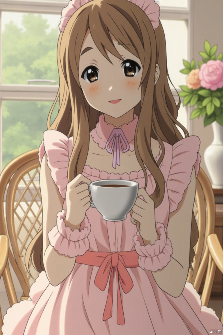 Gentle smile, long hair slightly curly, hair accessories are bows, light pink lace dress, fluffy skirt, ribbon tied around the waist, ruffled cuffs are designed, classic style afternoon tea restaurant, sitting on a rattan chair, holding Tea cup with bouquet and sunshine on the background, elegant, warm and full of girlishness