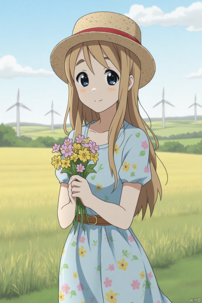 Sweet smile, long hair is naturally loose, wearing a straw hat, a light blue floral dress, the skirt is knee-length, a belt around the waist, and the cuffs are designed with puff sleeves. The sunny pastoral countryside is standing in the flower field, holding it in the hands A bouquet of wild flowers with windmills and blue sky in the background, fresh, natural, full of healing
