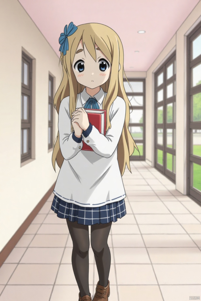 Gentle expression, long hair tied into a side ponytail, hair accessories are small bows, white college style dress, navy collar design, skirt with plaid pattern, black stockings and small leather shoes, campus corridor, book hugging, background There are cherry blossom trees and sunny windows, youthful, lively, full of campus atmosphere