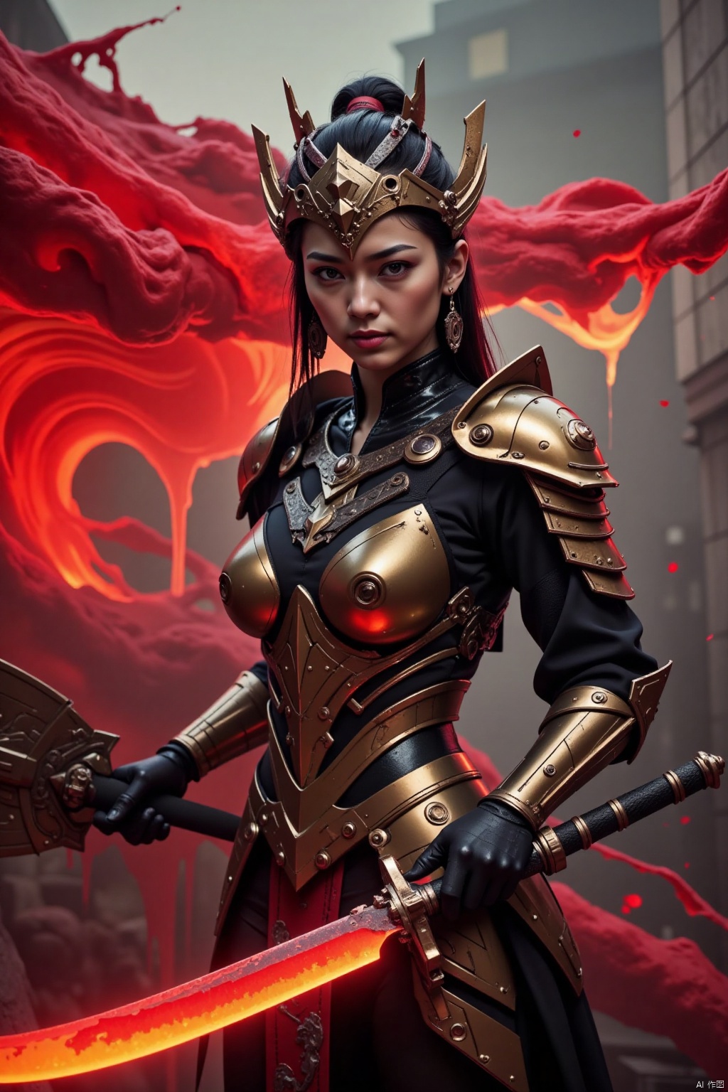 Wearing black and gold armor and holding a knife, he showed her domineering and strength. Her action scenes are usually accompanied by shocking sound effects and visual effects, highlighting her kingliness. Make a powerful flick of the knife, and the knife emerges a huge bright red gas throughout the sky, drawing a red track in the air, just as the sky is counted as a long blood mark.8K, HD,High quality, 8K.intricate details.dlrb,hsw,wet,water,beauty,anhei,large natural breast, taken by Sony Alpha 7R IV, Zeiss Otus 85mm F1.4, ISO 100 Shutter Speed 1/400, Vivid picture, intricate background,xuanhuanfapao,qihuanmopan,hkgod,mohuan,tyz,1girl,CYBERSTNR,