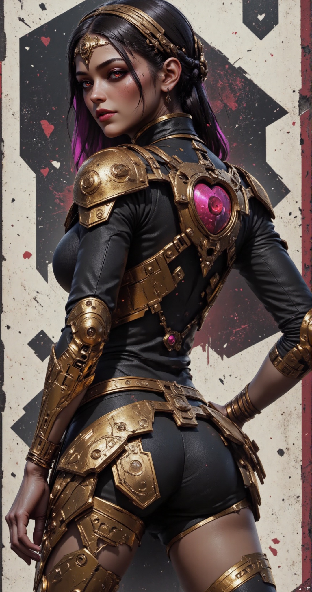 cyber 1girl, skinny, long black hair, cute face, pastel hair, bangle, thick eyebrows, bimbo, cyber black dress, full lips, cyber slim ass, large cyber breasts, cyber tits, cyber thighs, Big red cyber eyes, braid, smile, hearts, cyber butt, city, (close up:0.3),CYBERSTNR,,IN THE STYLE OF FF-SSF,