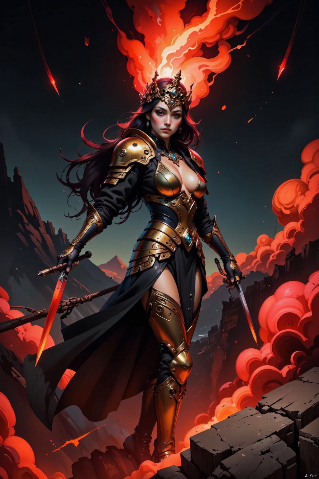 Wearing black and gold armor and holding a knife, he showed her domineering and strength. Her action scenes are usually accompanied by shocking sound effects and visual effects, highlighting her kingliness. Make a powerful flick of the knife, and the knife emerges a huge bright red gas throughout the sky, drawing a red track in the air, just as the sky is counted as a long blood mark.8K, HD,High quality, 8K.intricate details.dlrb,hsw,wet,water,beauty,anhei,large natural breast, taken by Sony Alpha 7R IV, Zeiss Otus 85mm F1.4, ISO 100 Shutter Speed 1/400, Vivid picture, intricate background,xuanhuanfapao,qihuanmopan,hkgod,mohuan,tyz,1girl,CYBERSTNR,