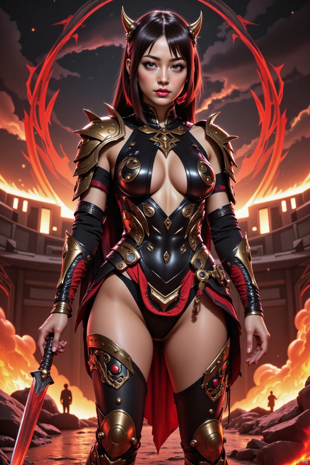 Wearing black and gold armor and holding a knife, he showed her domineering and strength. Her action scenes are usually accompanied by shocking sound effects and visual effects, highlighting her kingliness. Make a powerful flick of the knife, and the knife emerges a huge bright red gas throughout the sky, drawing a red track in the air, just as the sky is counted as a long blood mark.8K, HD,High quality, 8K.intricate details.dlrb,hsw,wet,water,beauty,anhei,large natural breast, taken by Sony Alpha 7R IV, Zeiss Otus 85mm F1.4, ISO 100 Shutter Speed 1/400, Vivid picture, intricate background,xuanhuanfapao,qihuanmopan,hkgod,mohuan,tyz,1girl,CYBERSTNR,,ANIMEFLUX,