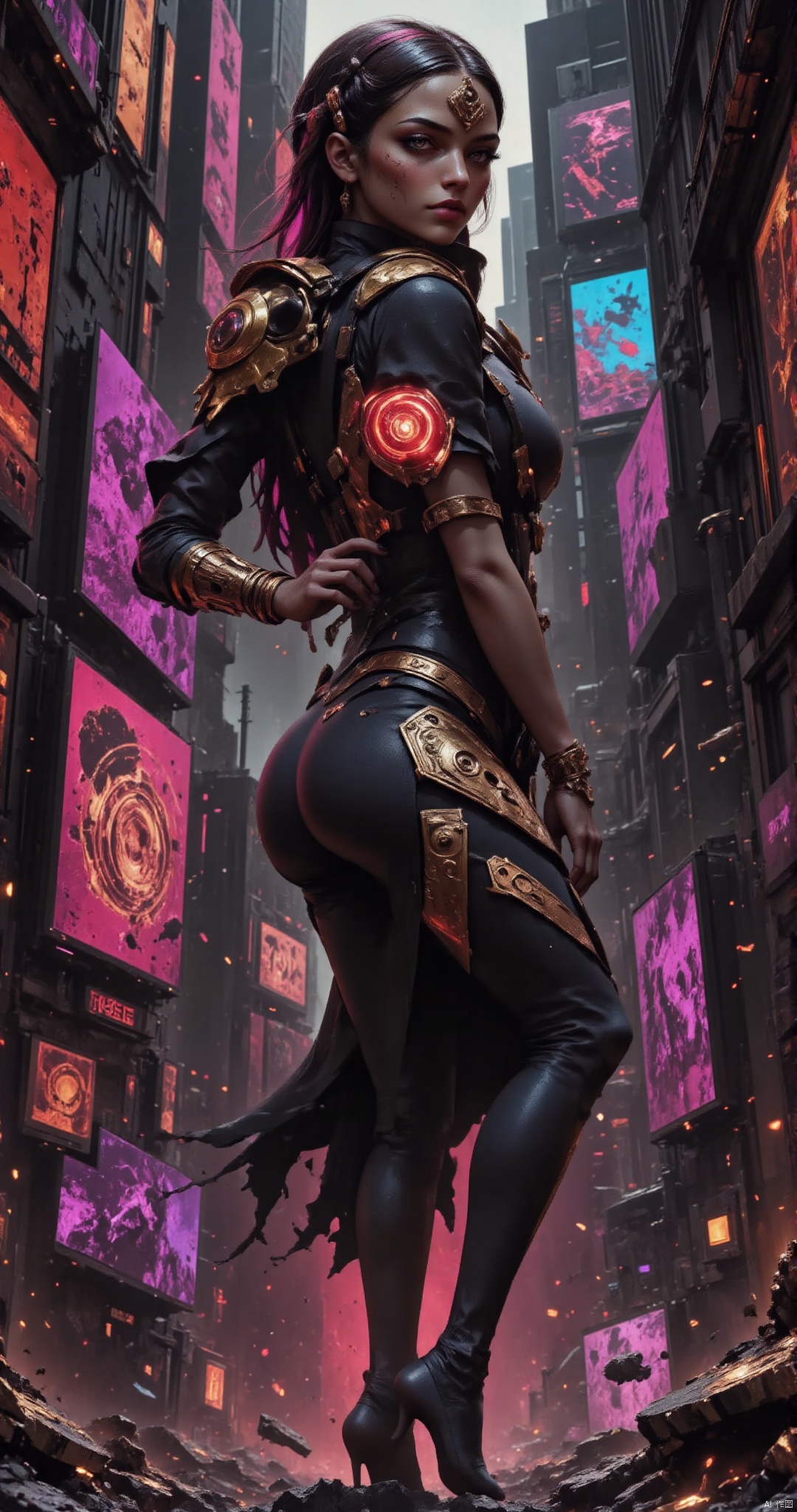 cyber 1girl, skinny, long black hair, cute face, pastel hair, bangle, thick eyebrows, bimbo, cyber black dress, full lips, cyber slim ass, large cyber breasts, cyber tits, cyber thighs, Big red cyber eyes, braid, smile, hearts, cyber butt, city, (close up:0.3),CYBERSTNR,,IN THE STYLE OF FF-SSF,