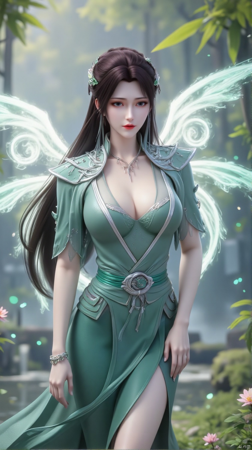 Subject:

A graceful oriental fairy nymph, clad in a green bamboo leaf-woven gown, a silver silk ribbon tied around her waist, her long hair cascading like a waterfall, adorned with a jade and bamboo leaf hairpiece.

Background:

The fairy nymph is in a tranquil bamboo forest, with bamboo leaves swaying gently in the wind, soft bamboo leaves and wildflowers covering the ground, and a distant ancient pavilion faintly visible.

Color Tone:

The overall image is dominated by emerald green and silver, with soft light spots filtering through bamboo leaves, wind-blown bamboo leaves in pale green, and flowers in soft pink-purple.