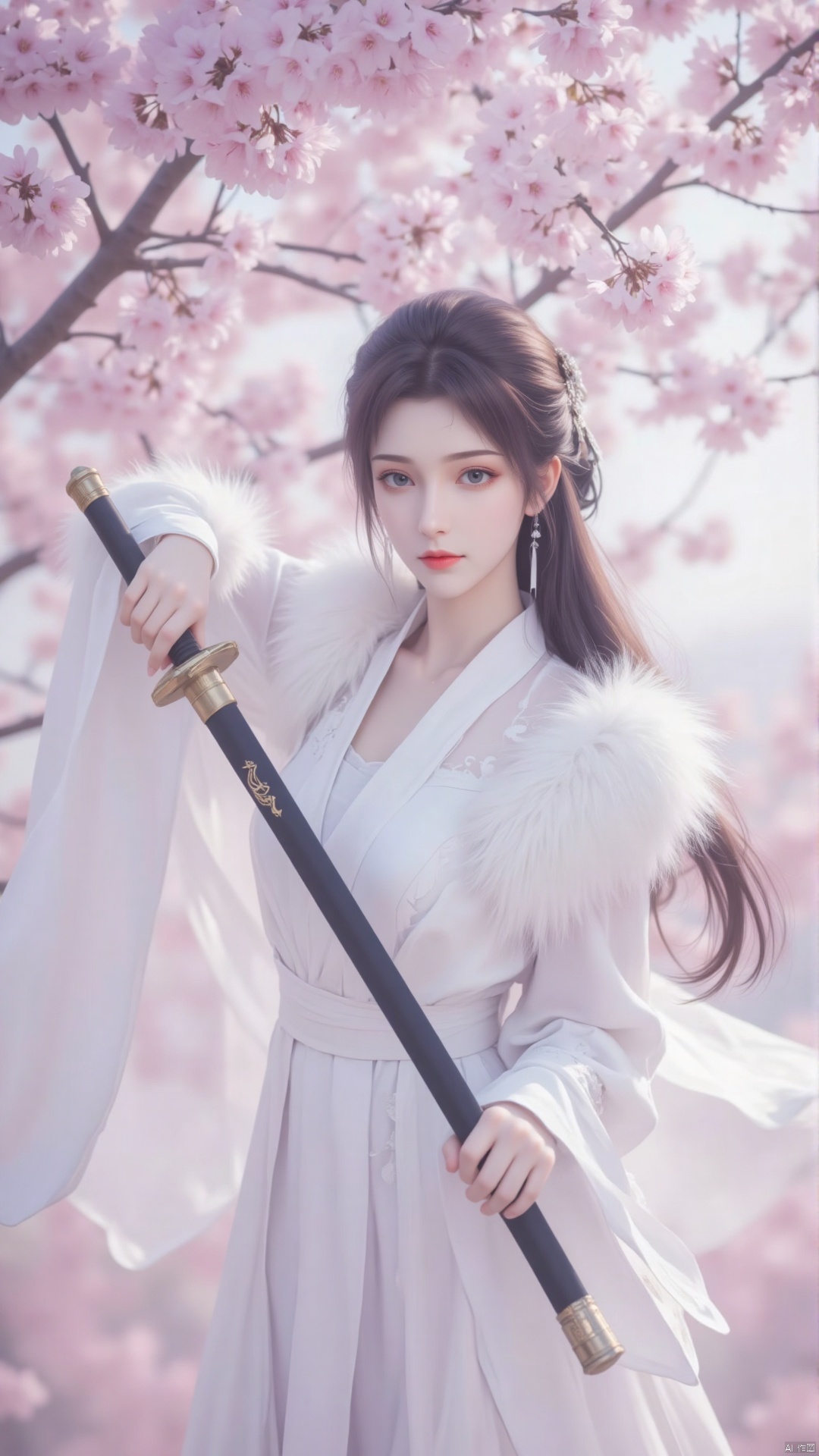 This picture is a digital illustration work with the following characteristics:


• Image quality: The image has a high resolution and fine details. The characters' clothing, weapons and background textures are all displayed very clearly.


• Color: The colors are mainly white and pink, creating a fresh and soft atmosphere. The character's white clothing contrasts with the pink cherry blossoms in the background, highlighting the character's image.


• Creative style: This illustration adopts a style that combines realism and fantasy. The characters are exquisite and the details are well handled. The overall style is biased toward Eastern classical aesthetics, with martial arts elements.


• Lighting and Layout: The lighting is soft, with the main light source appearing to come from the left side of the frame, casting soft shadows and enhancing the three-dimensional feel of the image. The character is placed in the center of the frame, attracting the viewer's attention.


• Action posture and hairstyle of the character: The character's posture is elegant and confident, holding a Chinese sword with a delicate handle and preparing to pull it out of the black scabbard. At this time, the right hand has already pulled the sword body out of the scabbard. In one third, the sword body glows with cold light, and the black scabbard is decorated with gold. The sword body and scabbard are very straight, showing a heroic temperament. She has long black hair, a simple and elegant hairstyle, and a delicate necklace on her forehead.


• Costume: Wearing a white robe, the design of the robe is complex and elegant. The dress is decorated with fluffy white fur trim, which complements the character's movements and adds to the dynamics of the costume.


• Background: The background is a cherry blossom tree in full bloom. The pink flowers echo the characters' clothing, creating a peaceful and beautiful spring scene. The blurring of the background makes the characters stand out more and adds a sense of depth to the picture. Dynamic pose, low angle shot. solo.

Overall, this illustration successfully creates a fresh and elegant atmosphere through delicate brushwork and soft colors, showing the heroism and nobility of the characters.