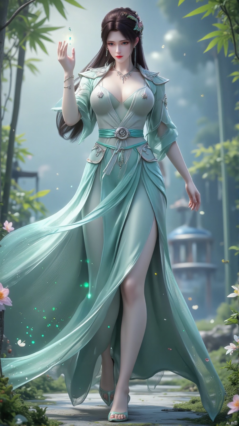 Subject:

A graceful oriental fairy nymph, clad in a green bamboo leaf-woven gown with flowing particle light effects on the skirts and sleeves, a silver silk ribbon tied around her waist, her long hair cascading like a waterfall, adorned with a jade and bamboo leaf hairpiece.

Background:

The fairy nymph is in a tranquil bamboo forest, with bamboo leaves swaying gently in the wind, soft bamboo leaves and wildflowers covering the ground, and a distant ancient pavilion faintly visible.

Color Tone:

The overall image is dominated by emerald green and silver, with the gown's particle light in soft fluorescent green, soft light spots filtering through bamboo leaves, wind-blown bamboo leaves in pale green, and flowers in soft pink-purple.