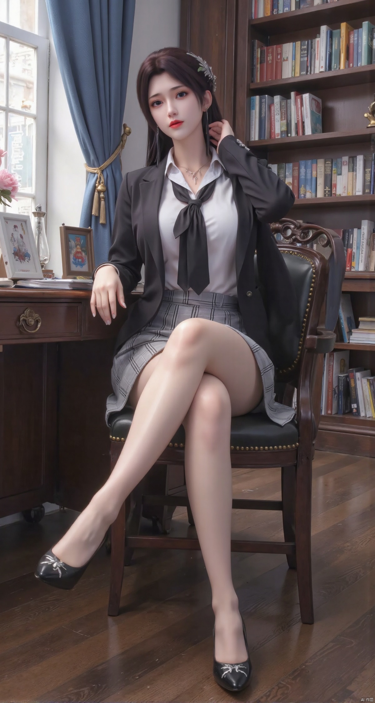 Realistic photo, 1girl, ponytail, fair skin, big breasts, school uniform, plaid skirt, shiny pantyhose, long legs, high heels, full body, large luxury library, sitting at reading table,