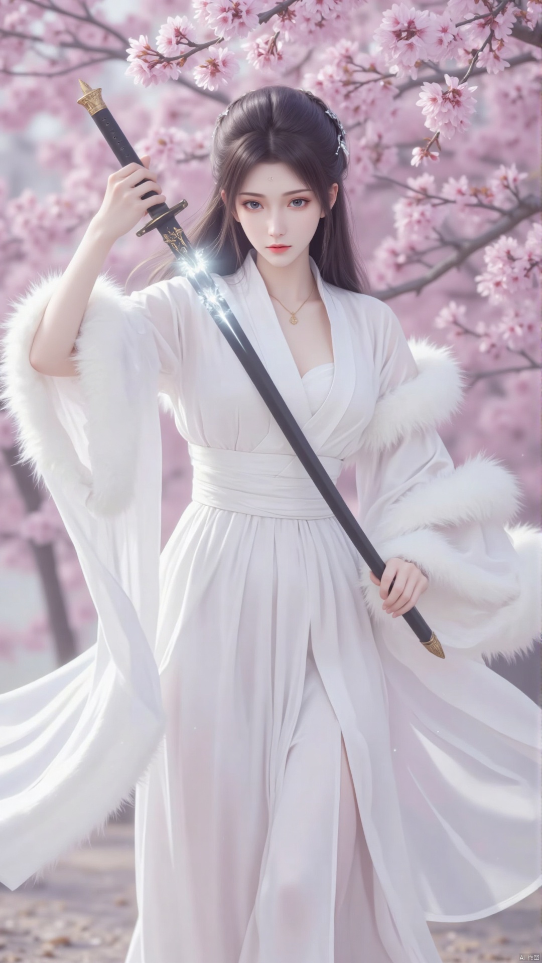 This picture is a digital illustration work with the following characteristics:


• Image quality: The image has a high resolution and fine details. The characters' clothing, weapons and background textures are all displayed very clearly.


• Color: The colors are mainly white and pink, creating a fresh and soft atmosphere. The character's white clothing contrasts with the pink cherry blossoms in the background, highlighting the character's image.


• Creative style: This illustration adopts a style that combines realism and fantasy. The characters are exquisite and the details are well handled. The overall style is biased toward Eastern classical aesthetics, with martial arts elements.


• Lighting and Layout: The lighting is soft, with the main light source appearing to come from the left side of the frame, casting soft shadows and enhancing the three-dimensional feel of the image. The character is placed in the center of the frame, attracting the viewer's attention.


• Action posture and hairstyle of the character: The character's posture is elegant and confident, holding a Chinese sword with a delicate handle and preparing to pull it out of the black scabbard. At this time, the right hand has already pulled the sword body out of the scabbard. In one third, the sword body glows with cold light, and the black scabbard is decorated with gold. The sword body and scabbard are very straight, showing a heroic temperament. She has long black hair, a simple and elegant hairstyle, and a delicate necklace on her forehead.


• Costume: Wearing a white robe, the design of the robe is complex and elegant. The dress is decorated with fluffy white fur trim, which complements the character's movements and adds to the dynamics of the costume.


• Background: The background is a cherry blossom tree in full bloom. The pink flowers echo the characters' clothing, creating a peaceful and beautiful spring scene. The blurring of the background makes the characters stand out more and adds a sense of depth to the picture. Dynamic pose, low angle shot. solo.

Overall, this illustration successfully creates a fresh and elegant atmosphere through delicate brushwork and soft colors, showing the heroism and nobility of the characters.