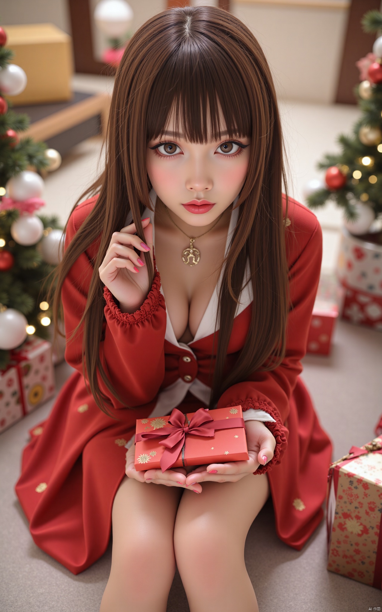 kinghere hfsd,1girl,solo,long hair,smile,brown hair,long sleeves,bow,ribbon,holding,brown eyes,jewelry,sitting,hanfu,hair ribbon,hair bow,mole,blurry,lips,christmas,gift,red lips,candle,christmas tree,snowman,christmas ornaments,christmas lights,ornament

,intricate details,soothing tones,high contrast,natural skin texture,soft light,sharp,masterpiece,best quality,(ray tracing),sunlight,
ultra-realistic,high dynamic range,photoreal,epic realistic,shadows,(This is a real high-definition photo:1.1),with professional photography and high resolution,
contrast,layered colors,vivid colors,contrast,offcial art,movie perspective,very aesthetic,disheveled hair,perfect composition,intricate details,moody,epic,photorealistic,
color  graded cinematic,atmospheric  lighting,award  film grain,A shot with tension,(Visual impact,giving the poster a dynamic and visually striking appearance:1.2),impactful picture,Depth of field, insanely interplay between lights and shadows,AAN.,ANIMEFLUX,