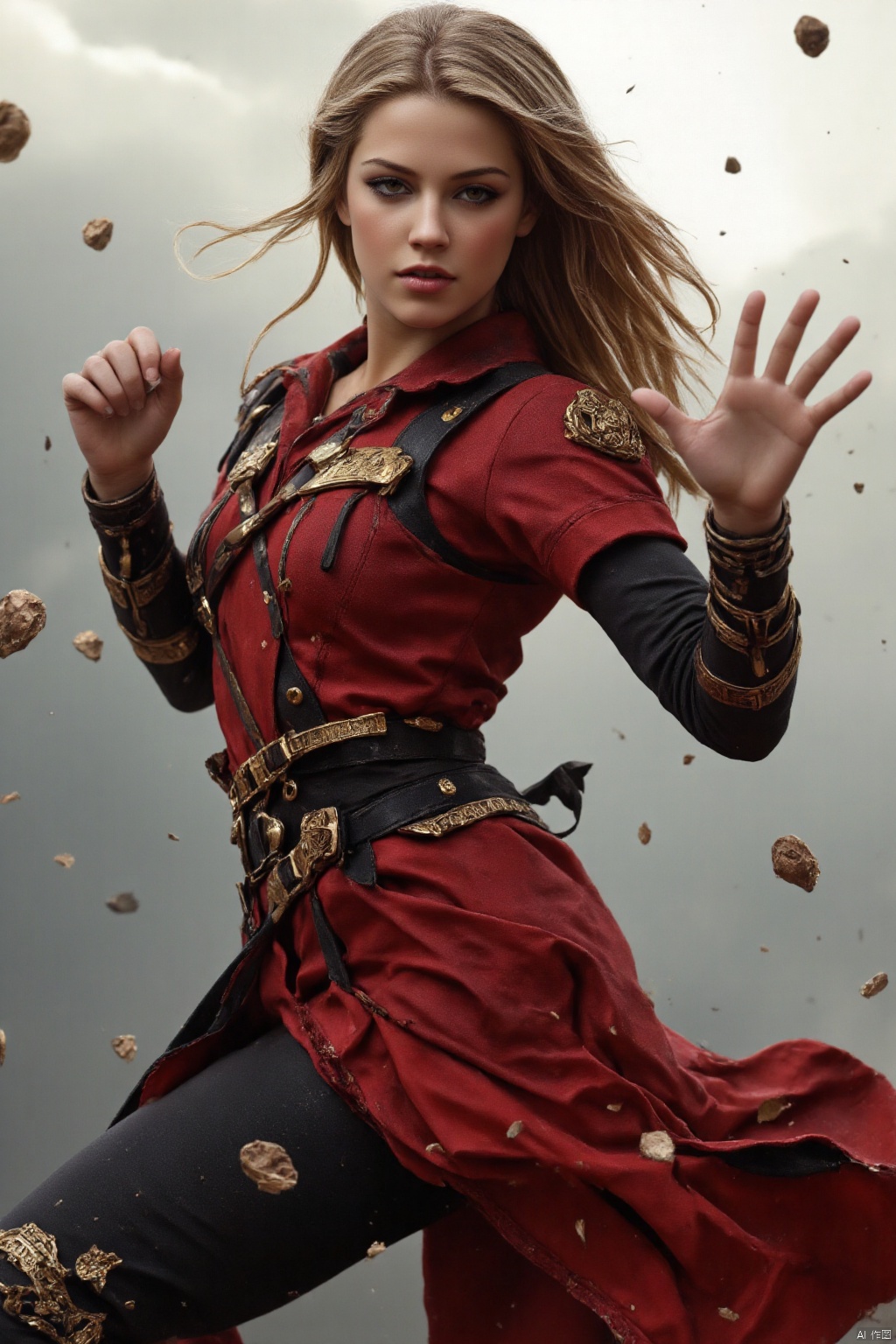 1girl, solo photo,WOMAN AMBER HEARD. Amphitrite dress. Dynamic fighting pose.half body.,IN THE STYLE OF FF-SSF,
