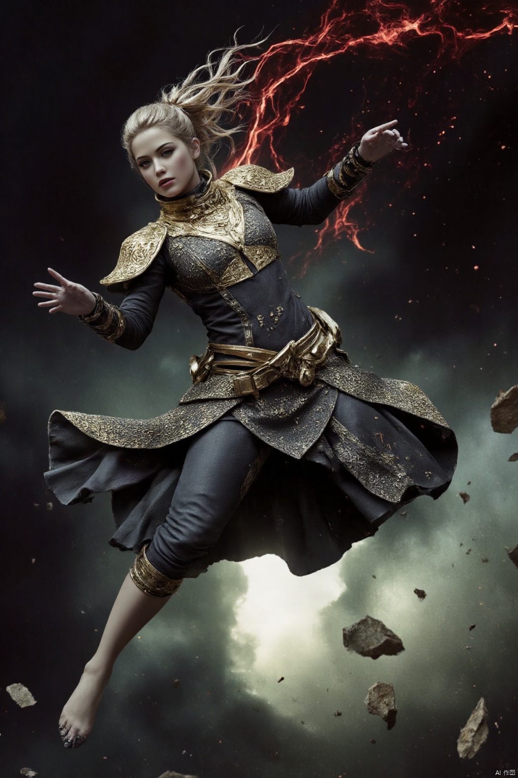 1girl, solo photo,WOMAN AMBER HEARD. Amphitrite dress. Dynamic fighting pose.half body.,IN THE STYLE OF FF-SSF,