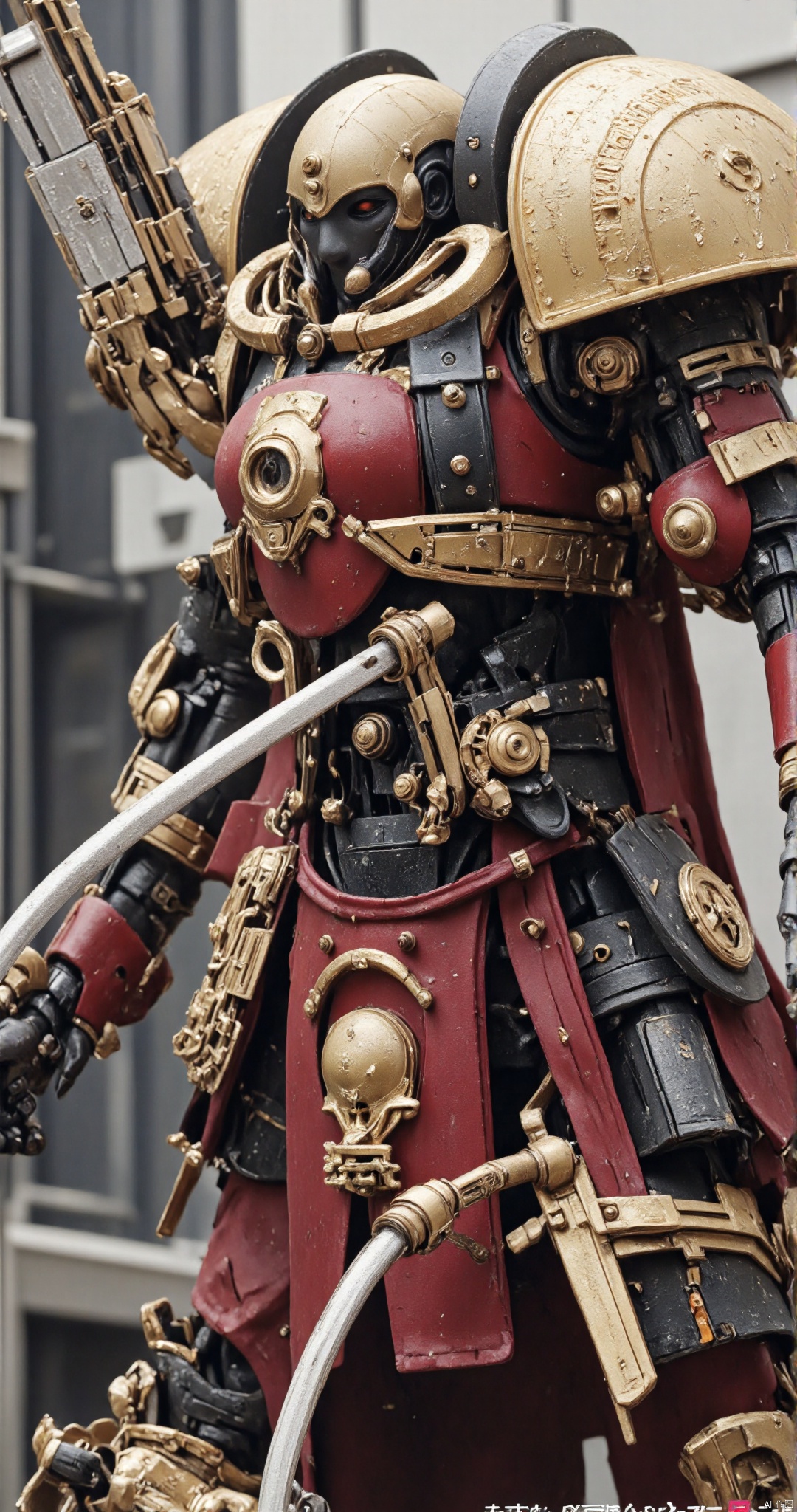 MurphFSF, closeup of a sci-fi armored robot holding a gun and a sword,IN THE STYLE OF FF-SSF,