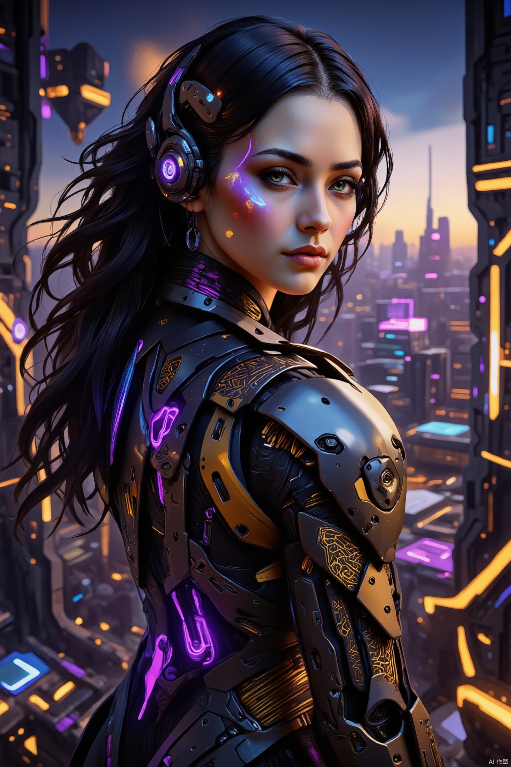 A mesmerizing cybernetic woman with flowing black hair streaked with shimmering gold highlights, her piercing violet eyes radiating an otherworldly glow. Her advanced armor combines matte black and deep purple tones with golden circuit-like patterns running across its sleek surface, creating a striking, futuristic aesthetic. The armor is adorned with sharp, angular designs, glowing violet energy nodes, and intricate engravings that pulse faintly with light. She wields a slender, glowing blade on her back, and her mechanical arms feature delicate golden tracery that hints at immense power. Behind her stretches a sprawling futuristic city illuminated by golden and violet neon lights, with floating platforms, towering spires, and shimmering energy fields. Standing atop a glowing energy platform, she gazes into the distance, exuding an aura of authority and elegance. Hyper-detailed, photorealistic, cinematic lighting, 8k, a perfect blend of elegance and cybernetic power.
  cyberstnr