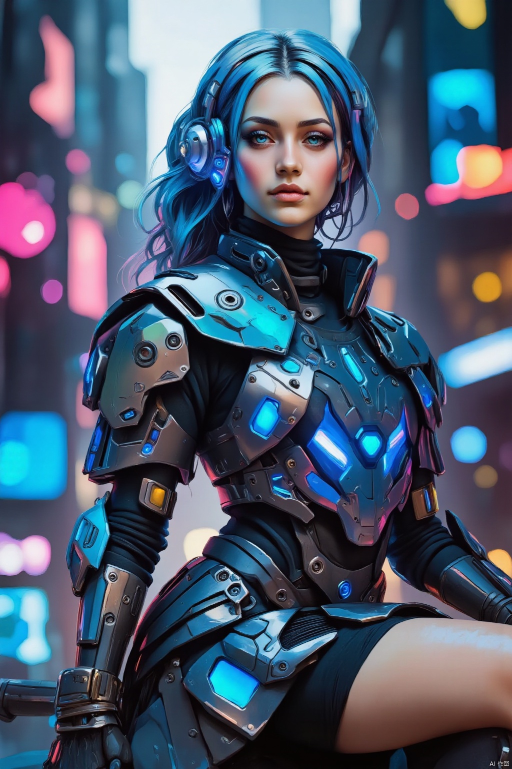 cyber 1girl, skinny, long blue hair, cute face, pastel hair, bangle, thick eyebrows, bimbo, cyber blue armor dress, full lips, cyber slim ass, large cyber breasts, cyber tits, cyber thighs, Big blue cyber eyes, braid, smile, hearts, cyber butt, city, realistic photo, 
leg raised, leg-split, 
  cyberstnr,CYBERSTNR,