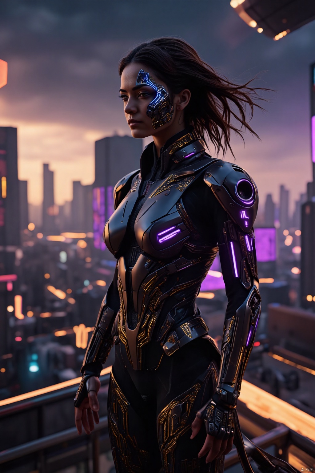A mesmerizing cybernetic woman with flowing black hair streaked with shimmering gold highlights, her piercing violet eyes radiating an otherworldly glow. Her advanced armor combines matte black and deep purple tones with golden circuit-like patterns running across its sleek surface, creating a striking, futuristic aesthetic. The armor is adorned with sharp, angular designs, glowing violet energy nodes, and intricate engravings that pulse faintly with light. She wields a slender, glowing blade on her back, and her mechanical arms feature delicate golden tracery that hints at immense power. Behind her stretches a sprawling futuristic city illuminated by golden and violet neon lights, with floating platforms, towering spires, and shimmering energy fields. Standing atop a glowing energy platform, she gazes into the distance, exuding an aura of authority and elegance. Hyper-detailed, photorealistic, cinematic lighting, 8k, a perfect blend of elegance and cybernetic power.
  cyberstnr