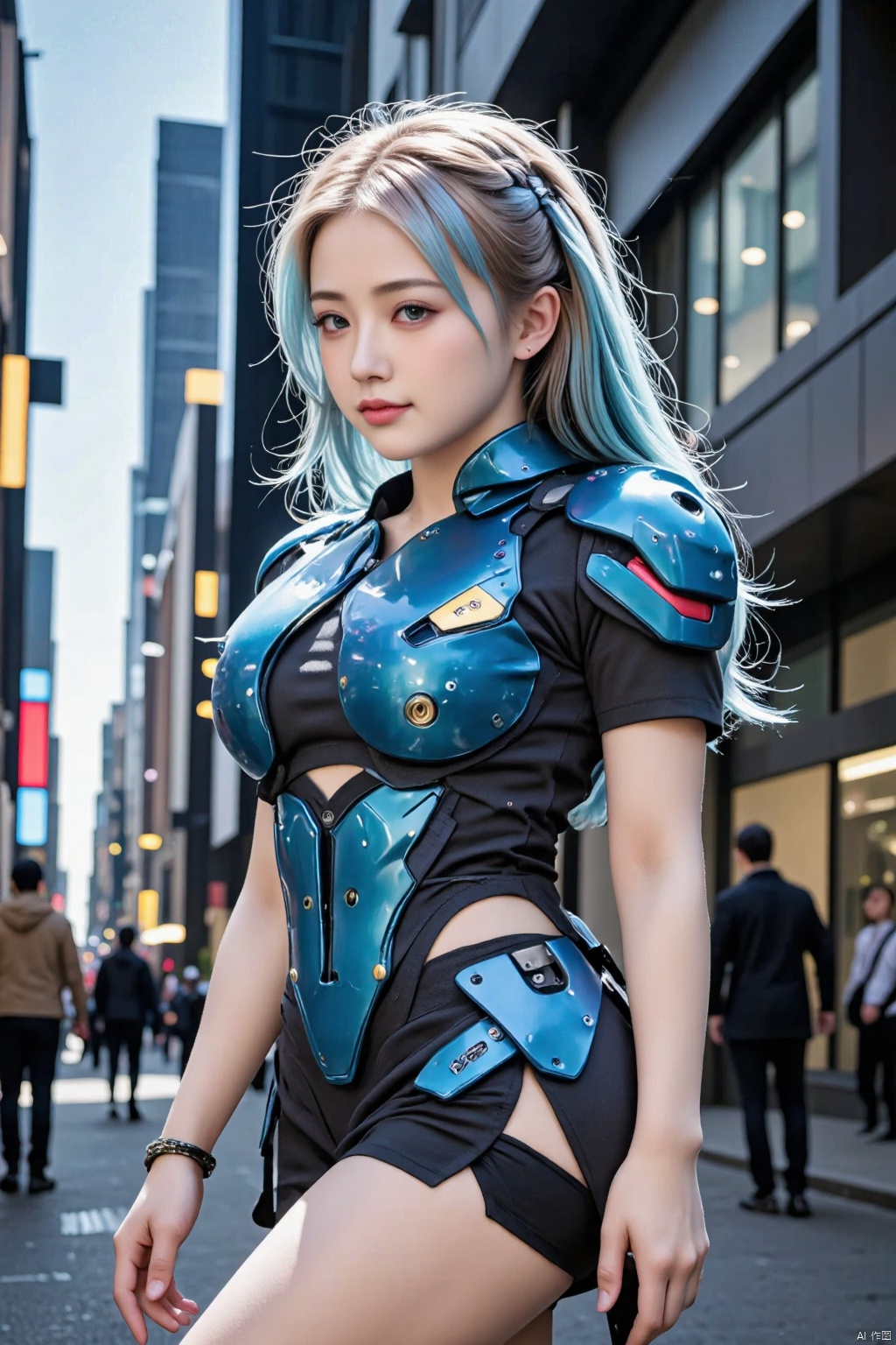 cyber 1girl, skinny, long blue hair, cute face, pastel hair, bangle, thick eyebrows, bimbo, cyber blue armor dress, full lips, cyber slim ass, large cyber breasts, cyber tits, cyber thighs, Big blue cyber eyes, braid, smile, hearts, cyber butt, city, realistic photo, 
leg raised, leg-split, 
  cyberstnr,CYBERSTNR,,WOMAN AMBER HEARD.