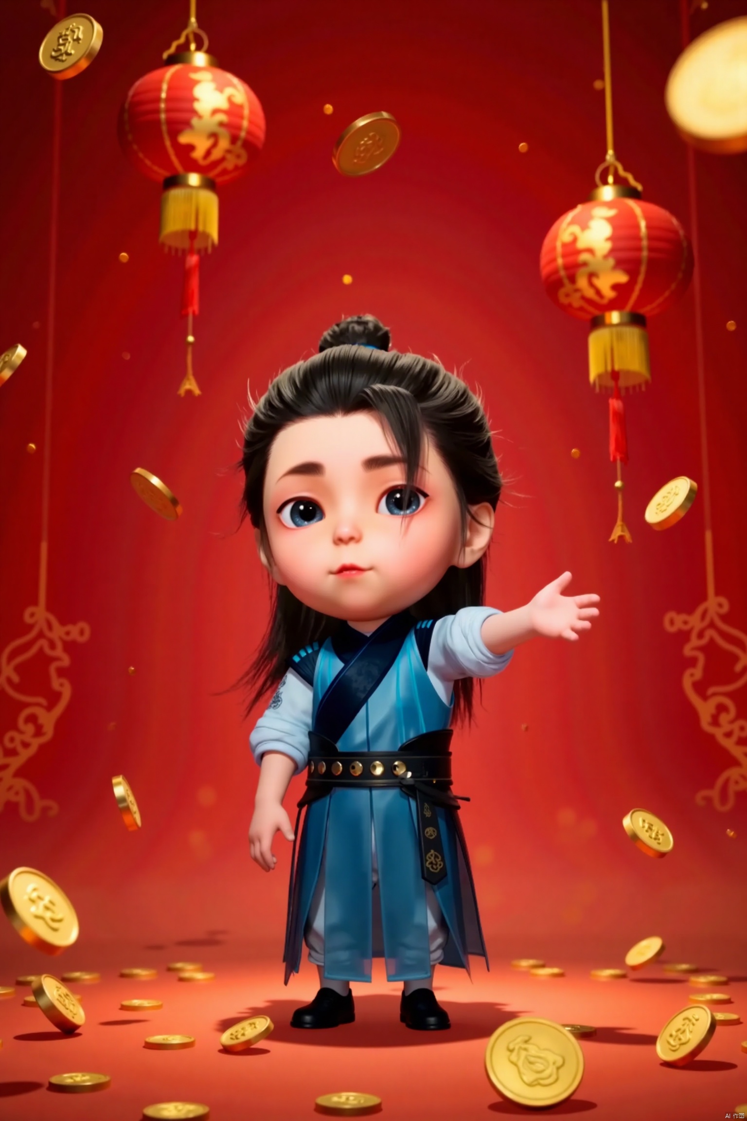 LCS, chibi, cute, little boy, high-definition realism, Blue eyes,Hanfu,Hairpin,belt,solo,Long hair,whole body,Black cloth shoes,red background hanging lanterns and couplets, many coins falling from above, a lot of gold coins on the ground, Chinese New Year elements