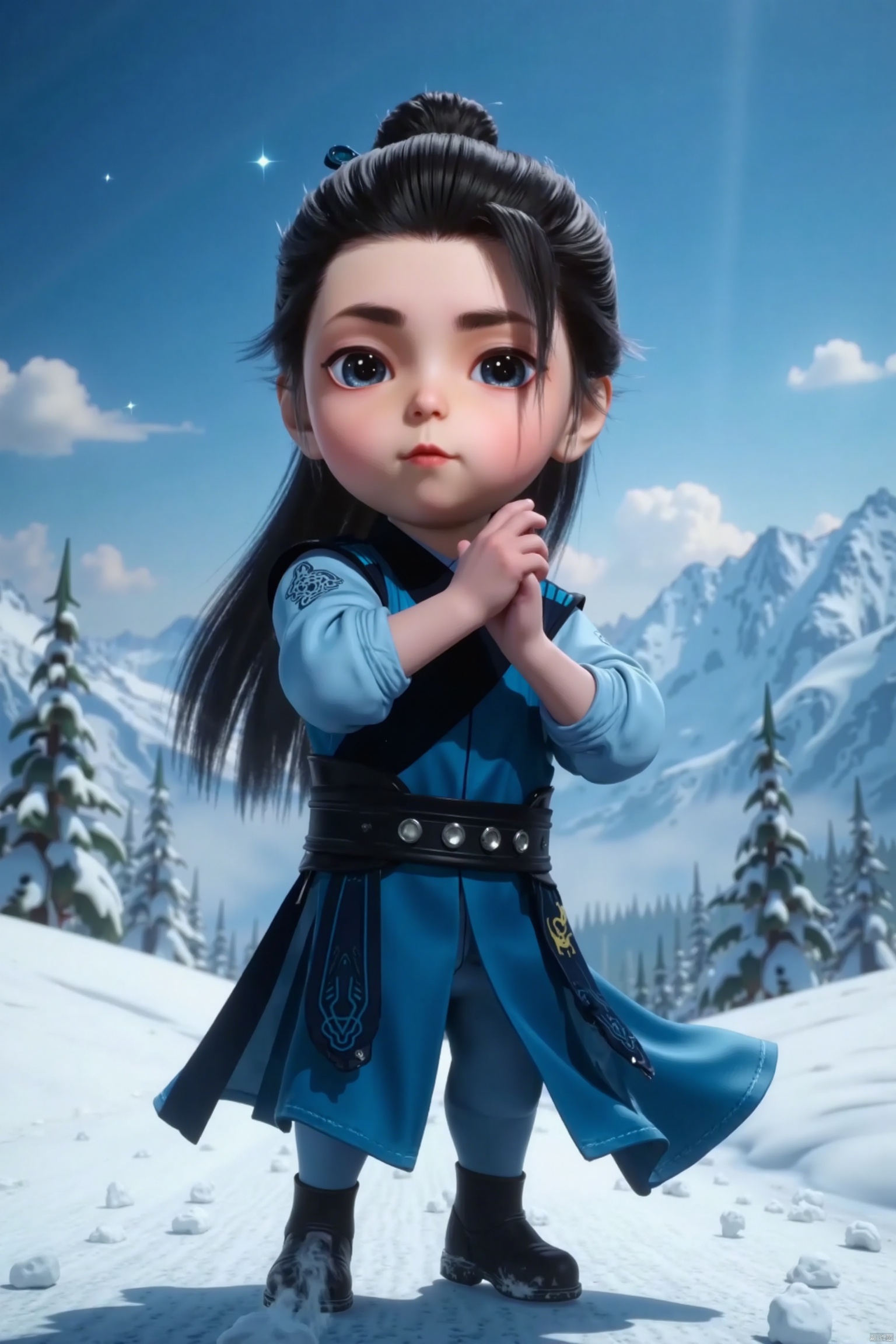 LCS, 1man, chibi, cute, little boy, high-definition realism, Blue eyes,black robe,Wide sleeves,Sleeve over wrist,Hanfu,Hairpin,belt,indoor,solo,Long sleeves,stand,Long hair,whole body,robe,Hanfu,Black cloth shoes,Composition from different angles,forehead mark,wanglin,Realistic photos fair skin, long legs, high heels, (skiing), (large amount of flying snow), snow mountain background,
