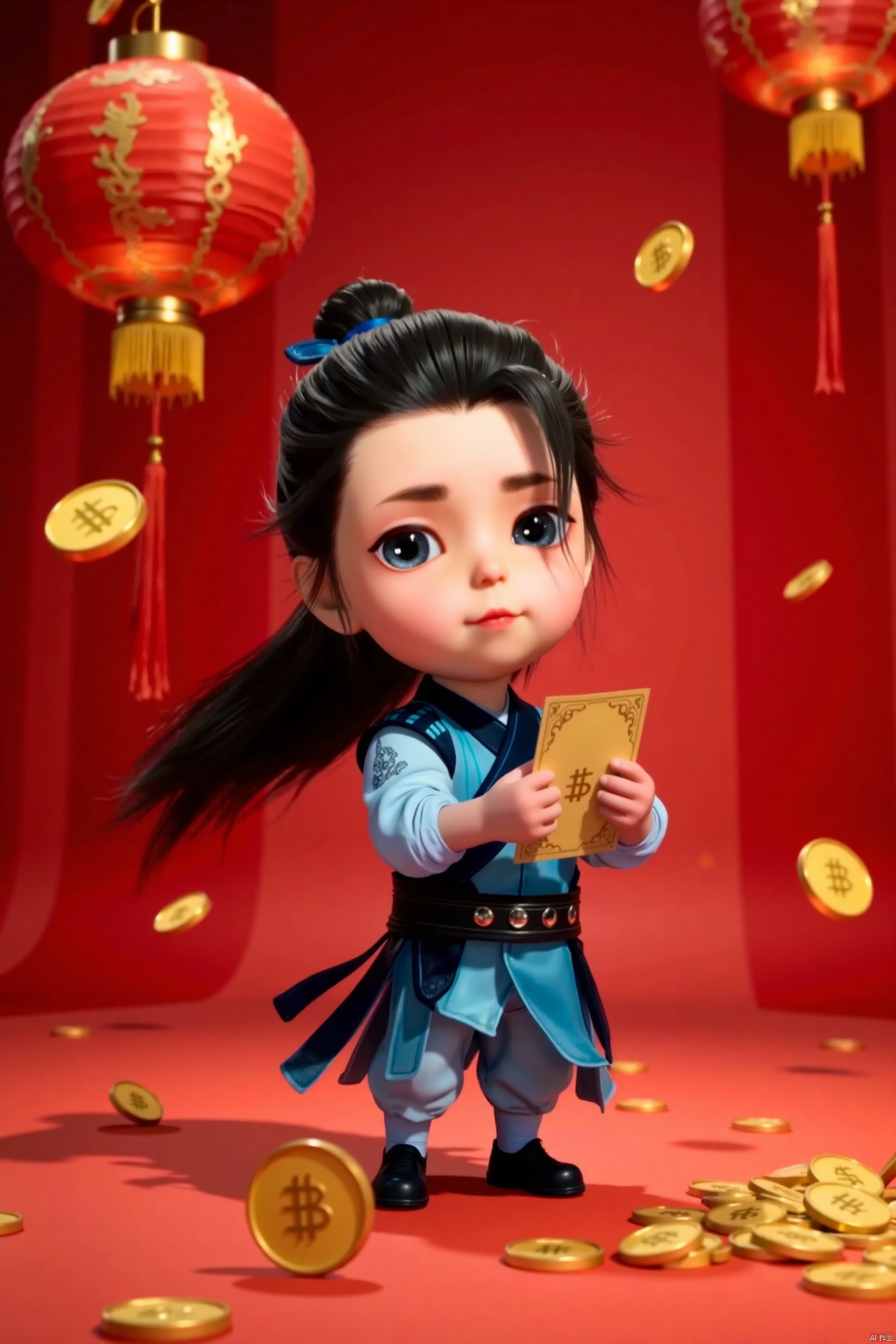 LCS, chibi, cute, little boy, high-definition realism, Blue eyes,Hanfu,Hairpin,belt,solo,Long hair,whole body,Black cloth shoes,red background hanging lanterns and couplets, many coins falling from above, a lot of gold coins on the ground, Chinese New Year elements,holding money