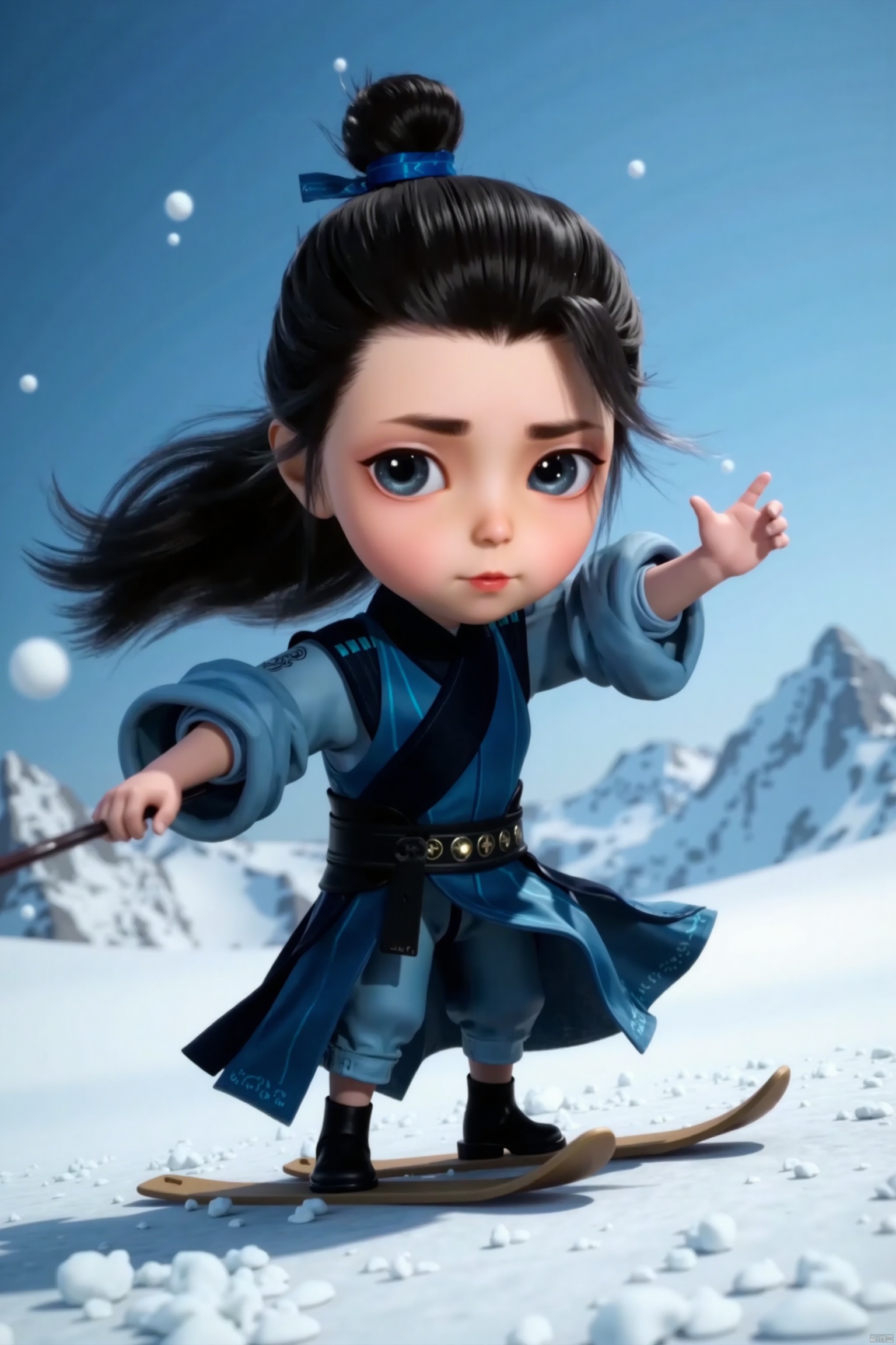 LCS, 1man, chibi, cute, little boy, high-definition realism, Blue eyes,black robe,Wide sleeves,Sleeve over wrist,Hanfu,Hairpin,belt,indoor,solo,Long sleeves,stand,Long hair,whole body,robe,Hanfu,Black cloth shoes,Composition from different angles,forehead mark,wanglin,Realistic photos fair skin, long legs, high heels, (skiing), (large amount of flying snow), snow mountain background,
