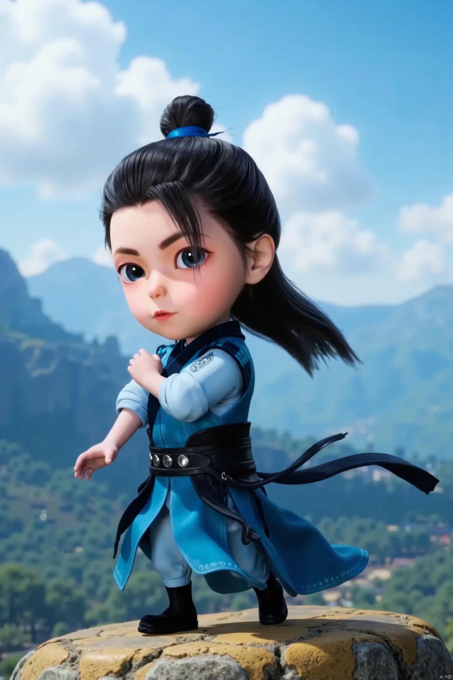 LCS, 1man, chibi, cute, little boy, high-definition realism, Blue eyes,Hanfu,Hairpin,belt,solo,Long hair,whole body,Black cloth shoes,wonderland mountain background