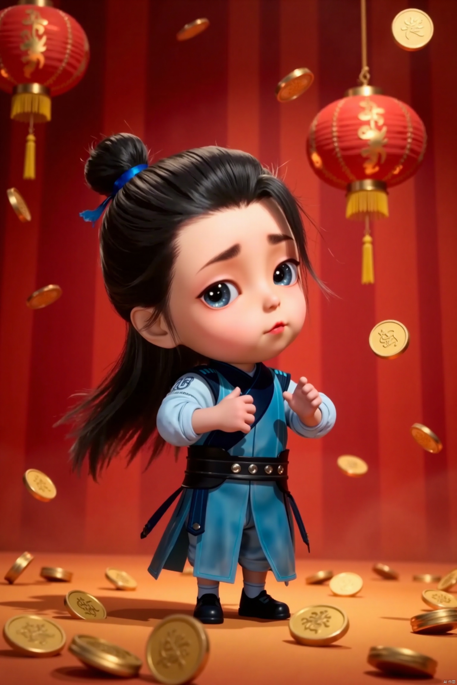 LCS, chibi, cute, little boy, high-definition realism, Blue eyes,Hanfu,Hairpin,belt,solo,Long hair,whole body,Black cloth shoes,red background hanging lanterns and couplets, many coins falling from above, a lot of gold coins on the ground, Chinese New Year elements