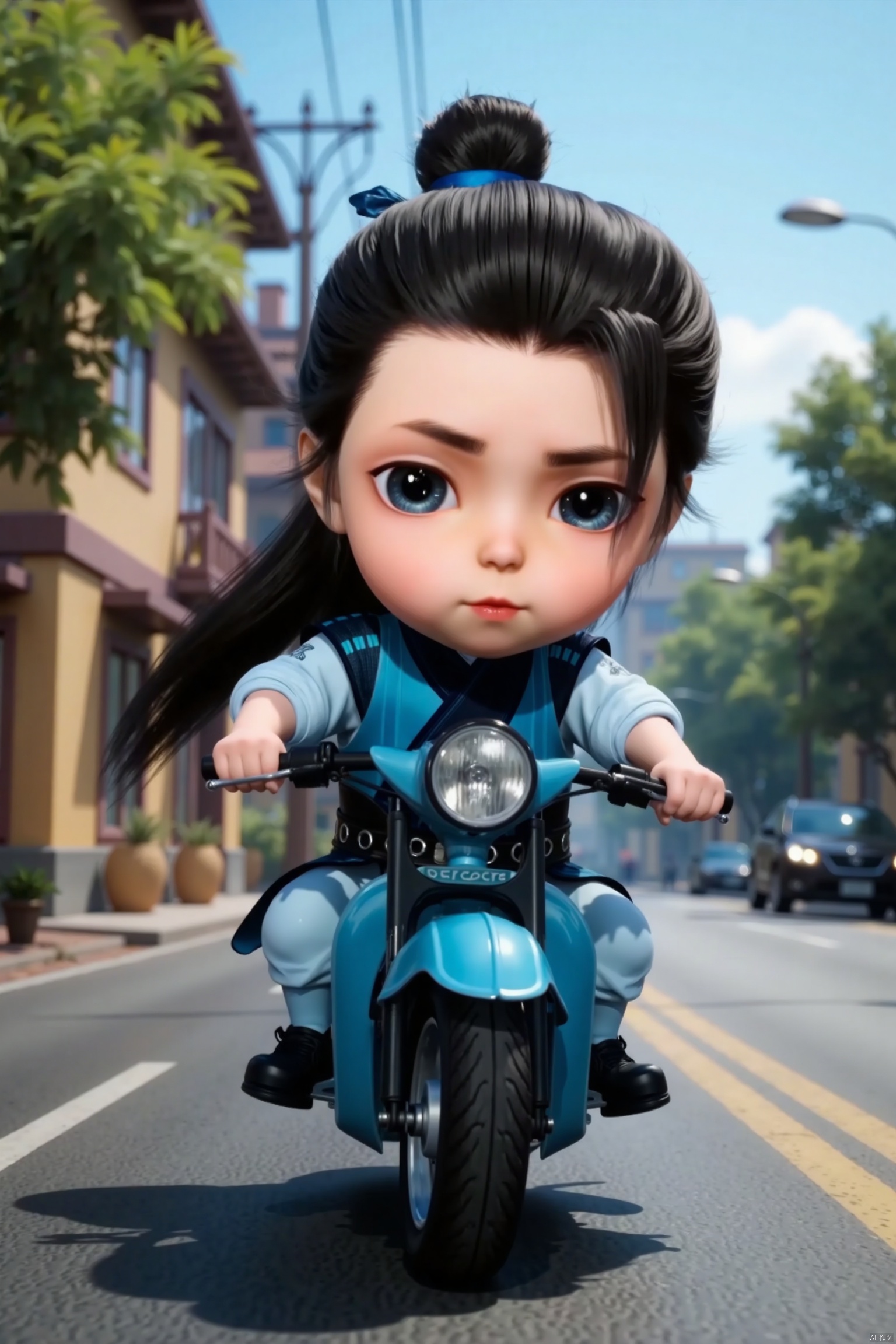 LCS, chibi, cute, little boy, high-definition realism, Blue eyes,Hanfu,Hairpin,belt,solo,Long hair,whole body,Black cloth shoes,Street, (riding a motorcycle scooter),