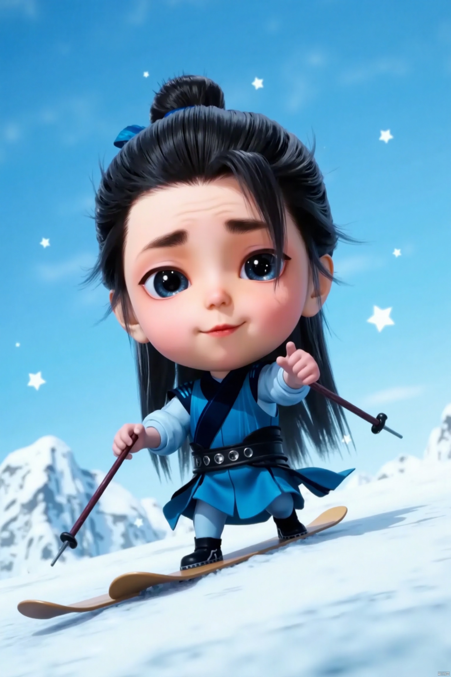 LCS, 1man, chibi, cute, little boy, high-definition realism, Blue eyes,Hanfu,Hairpin,belt,solo,Long hair,whole body,Black cloth shoes,(skiing), (large amount of flying snow), snow mountain background,smlie