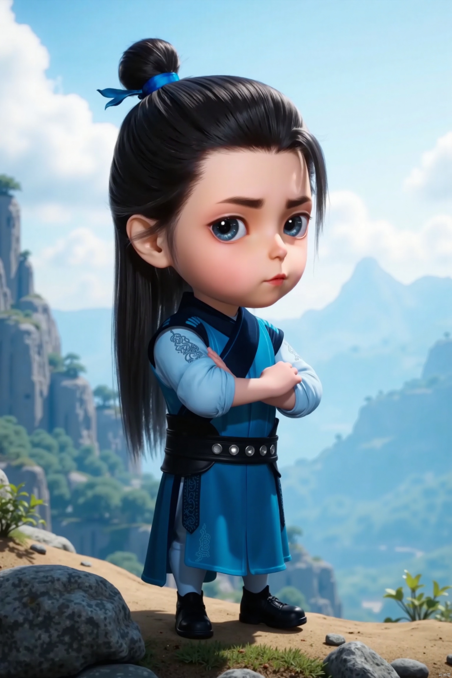 LCS, 1man, chibi, cute, little boy, high-definition realism, Blue eyes,Hanfu,Hairpin,belt,solo,Long hair,whole body,Black cloth shoes,wonderland mountain background