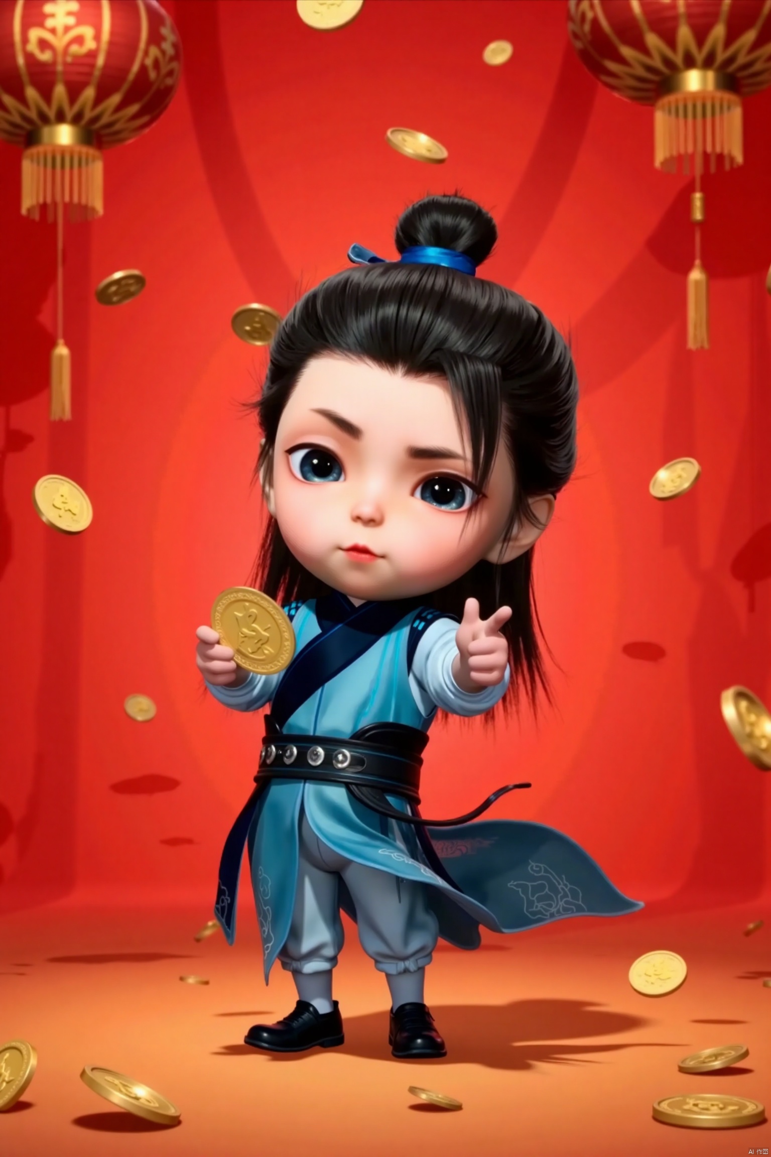 LCS, chibi, cute, little boy, high-definition realism, Blue eyes,Hanfu,Hairpin,belt,solo,Long hair,whole body,Black cloth shoes,red background hanging lanterns and couplets, many coins falling from above, a lot of gold coins on the ground, Chinese New Year elements,holding money