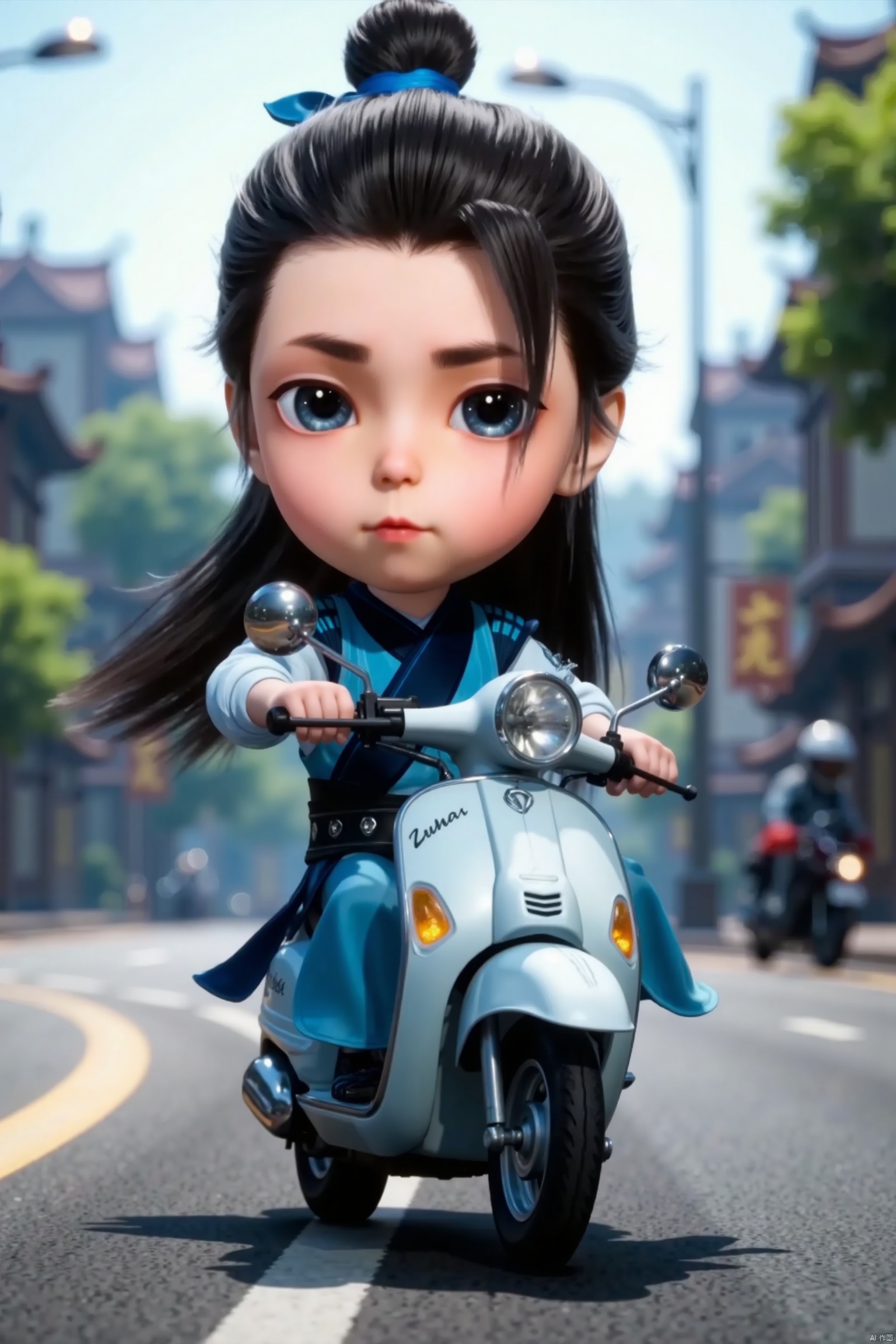 LCS, chibi, cute, little boy, high-definition realism, Blue eyes,Hanfu,Hairpin,belt,solo,Long hair,whole body,Black cloth shoes,Street, (riding a motorcycle scooter),