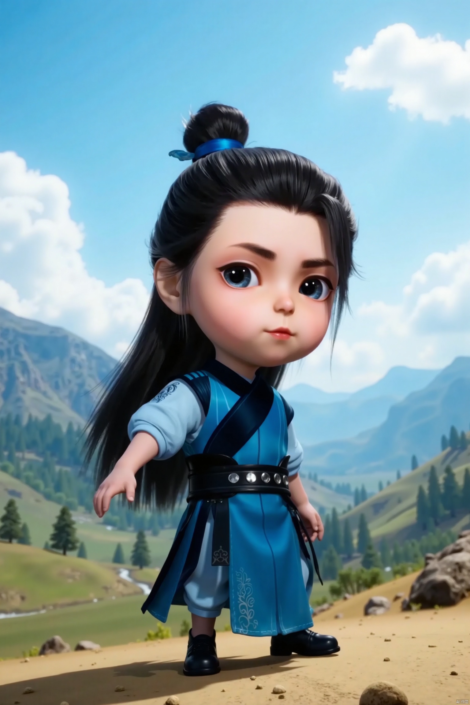 LCS, 1man, chibi, cute, little boy, high-definition realism, Blue eyes,Hanfu,Hairpin,belt,solo,Long hair,whole body,Black cloth shoes,wonderland mountain background