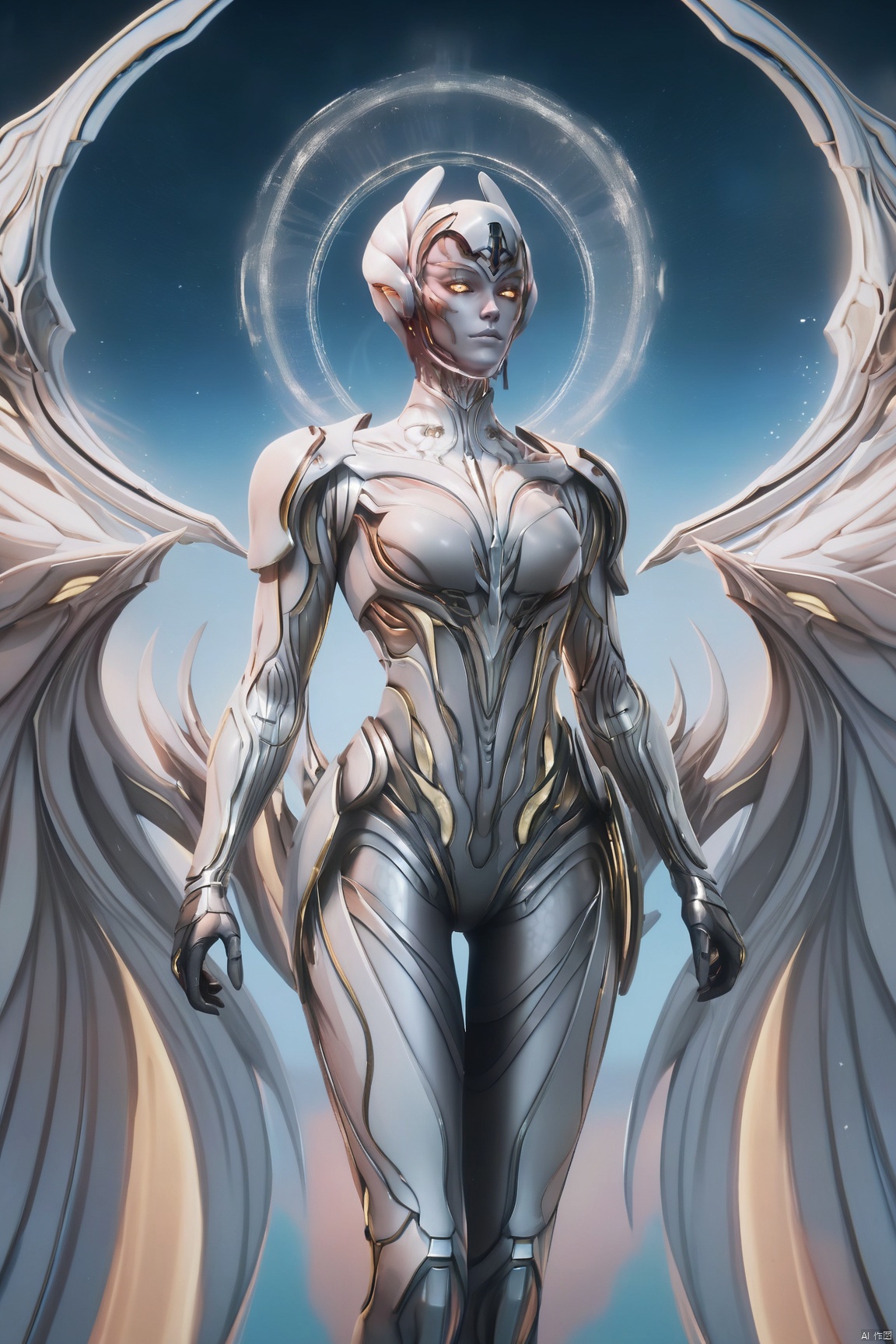 score_9_up,score_8_up,score_7_up,(Masterpiece, Best Quality, High Resolution, 8K Raw),absurdres, highres, Expressiveh, 
1girl, solo,yellow eyes,helmet, glowing eyes, alien,looking at viewer,metal skin,wings,halo,multiple wings,armor,science fiction,