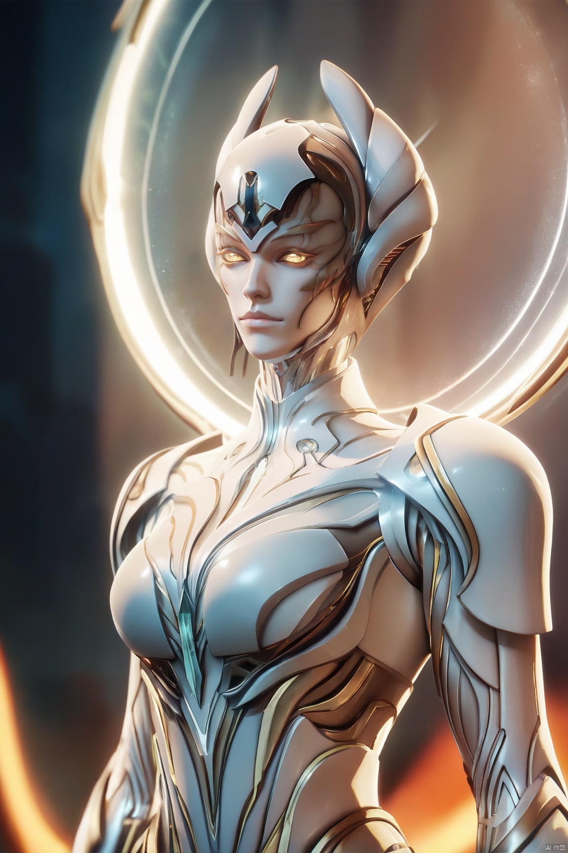 score_9_up,score_8_up,score_7_up,(Masterpiece, Best Quality, High Resolution, 8K Raw),absurdres, highres, Expressiveh, 
1girl, solo, looking at viewer, yellow eyes, upper body, male focus, armor, glowing, halo, helmet, glowing eyes, alien